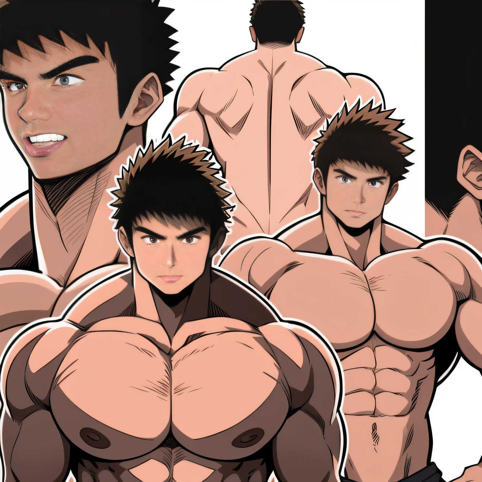 Gera uma imagem estilo anime de um menino de 10 anos muito bonito ((A KID)) com cabelos ruivos e corpo esguio e magro, but with some muscles on the beach, sem camisa (Topless) and wearing a swimsuit.