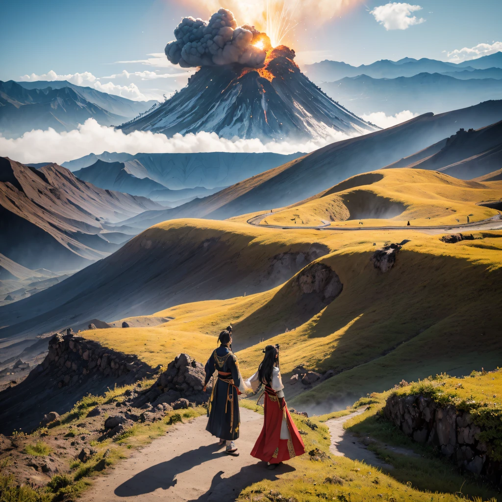 a volcano erupts,Fly into the fairy world, Chance encounter with Liu Hanshu, He saw in him his former self, It was decided to take him as an apprentice, Teach him how to protect himself, But because of the Tibetan star map, He established relationships with the Liu family and the Jade Sword Sect, It opens with the death of Liu Hanshu, Qin Yu embarked on the road of confrontation with a strong enemy, Working hard, Make yourself stronger, Stick to your own core path of justice, I also want to protect the people I care about, The three brothers took off, And embarked on a long journey to find a good brother, Qin Yu, Where are Xiao Hei and Hou Fei(volcanoes)Climb the streets(Latter-day volcano)eyes filled with angry,He clenched his fists,Rush up,Deliver a fatal blow to your opponent,full bodyesbian,Full Body Male Mage 32K(Masterpiece Canyon Ultra HD)Long flowing black hair,Campsite size,zydink, The wounded lined up in the streets(Volcanic canyons)Climb the streets, The scene of the explosion(Gap Fire Valley), (Linen batik scarf), Angry fighting stance, looking at the ground, Batik linen bandana, Chinese python pattern long-sleeved garment, canyons(Abstract propylene splash:1.2), Dark clouds lightning background,Sprinkled with gold volcanoes(realisticlying:1.4),Black color hair,Flour fluttering,rainbow background, A high resolution, the detail, RAW photogr, Sharp Re, Nikon D850 Film Stock Photo by Jefferies Lee 4 Kodak Portra 400 Camera F1.6 shots, Rich colors, ultra-realistic vivid textures, Dramatic lighting, Unreal Engine Art Station Trend, cinestir 800,Volcano Black,(((volcano valley)))The wounded lined up in the streets(Valley volcano)Climb the streets,Movie master real-time image quality
