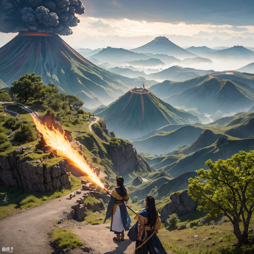 a volcano erupts,Fly into the fairy world, Chance encounter with Liu Hanshu, He saw in him his former self, It was decided to take him as an apprentice, Teach him how to protect himself, But because of the Tibetan star map, He established relationships with the Liu family and the Jade Sword Sect, It opens with the death of Liu Hanshu, Qin Yu embarked on the road of confrontation with a strong enemy, Working hard, Make yourself stronger, Stick to your own core path of justice, I also want to protect the people I care about, The three brothers took off, And embarked on a long journey to find a good brother, Qin Yu, Where are Xiao Hei and Hou Fei(volcanoes)Climb the streets(Latter-day volcano)eyes filled with angry,He clenched his fists,Rush up,Deliver a fatal blow to your opponent,full bodyesbian,Full Body Male Mage 32K(Masterpiece Canyon Ultra HD)Long flowing black hair,Campsite size,zydink, The wounded lined up in the streets(Volcanic canyons)Climb the streets, The scene of the explosion(Gap Fire Valley), (Linen batik scarf), Angry fighting stance, looking at the ground, Batik linen bandana, Chinese python pattern long-sleeved garment, canyons(Abstract propylene splash:1.2), Dark clouds lightning background,Sprinkled with gold volcanoes(realisticlying:1.4),Black color hair,Flour fluttering,rainbow background, A high resolution, the detail, RAW photogr, Sharp Re, Nikon D850 Film Stock Photo by Jefferies Lee 4 Kodak Portra 400 Camera F1.6 shots, Rich colors, ultra-realistic vivid textures, Dramatic lighting, Unreal Engine Art Station Trend, cinestir 800,Volcano Black,(((volcano valley)))The wounded lined up in the streets(Valley volcano)Climb the streets,Movie master real-time image quality