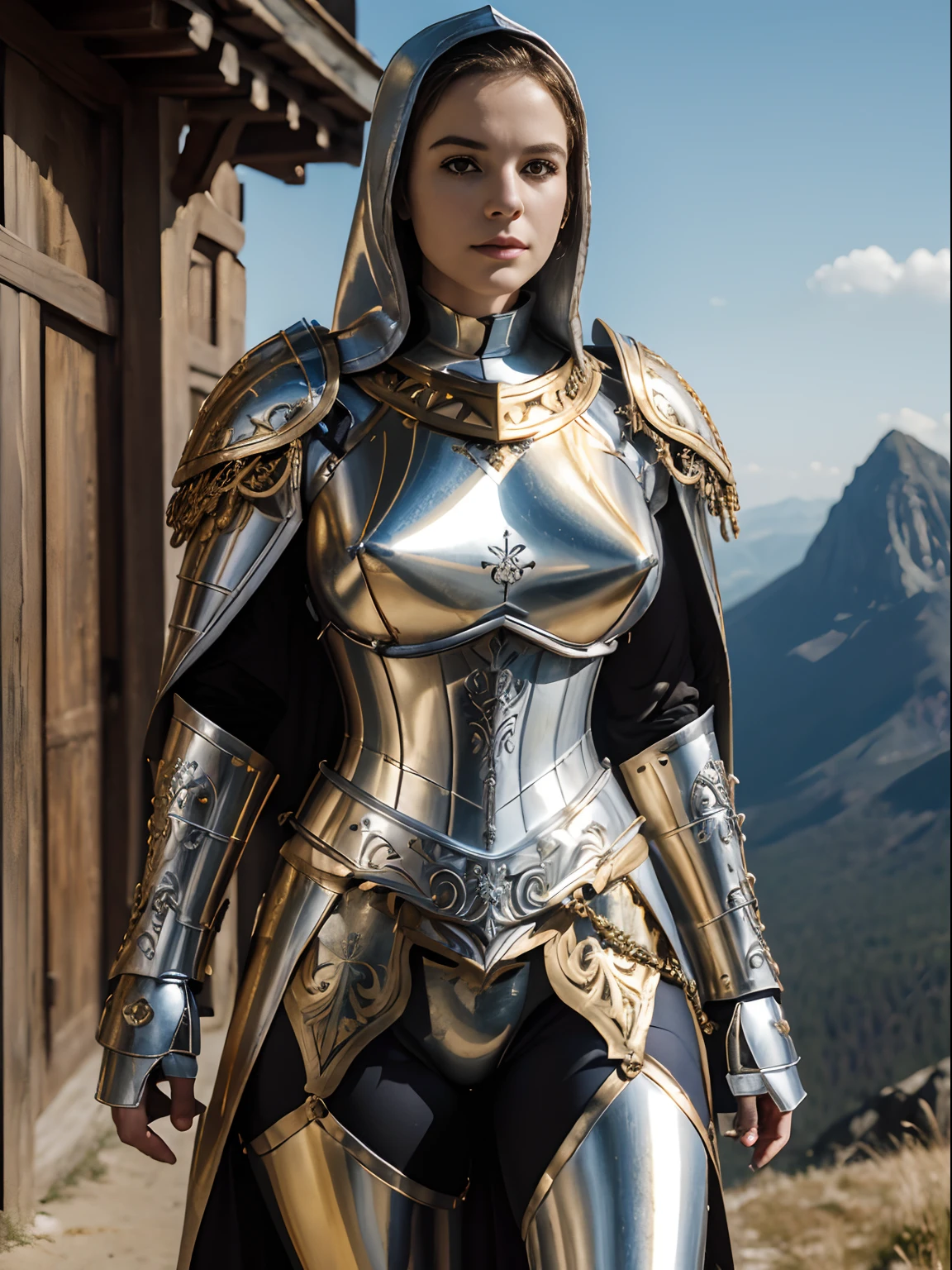 (masterpiece, top quality, best quality, official art, beautiful and aesthetic:1.2), (1girl:1.3), light freckles, fair skin, extremely detailed, portrait, looking at viewer, solo, (full body:0.6), detailed background, close up, (warm grasslands theme:1.1), holy paladin knight, charlatan, smirk, mysterious, swaying in mountains, modest attire, ((((ornate white and gold metal plate armor)))), cowl, nun hood, wimple, boob armor, cowl, robe, chain mail, chainmail, leggings, chainmail leggings, chain mail leggings, (armored breastplate), tabard, gorget, hood, pauldrons, greaves, armored, long boots, longsword, shield, cape, cloak, pearlescent metal, white fabric, pale leather, ((((gigantic breasts)))), slim waist, slim hips, long legs, medieval (mountain exterior:1.1) background, dark mysterious lighting, shadows, magical atmosphere, dutch angle,