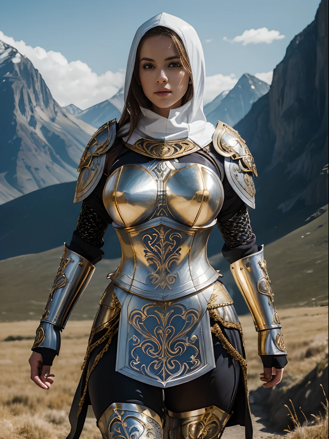 (masterpiece, top quality, best quality, official art, beautiful and aesthetic:1.2), (1girl:1.3), light freckles, fair skin, extremely detailed, portrait, looking at viewer, solo, (full body:0.6), detailed background, close up, (warm grasslands theme:1.1), holy paladin knight, charlatan, smirk, mysterious, swaying in mountains, modest attire, ((((ornate white and gold metal plate armor)))), cowl, nun hood, wimple, boob armor, cowl, robe, chain mail, chainmail, leggings, chainmail leggings, chain mail leggings, (armored breastplate), tabard, gorget, hood, pauldrons, greaves, armored, long boots, longsword, shield, cape, cloak, pearlescent metal, white fabric, pale leather, ((((gigantic breasts)))), slim waist, slim hips, long legs, medieval (mountain exterior:1.1) background, dark mysterious lighting, shadows, magical atmosphere, dutch angle,