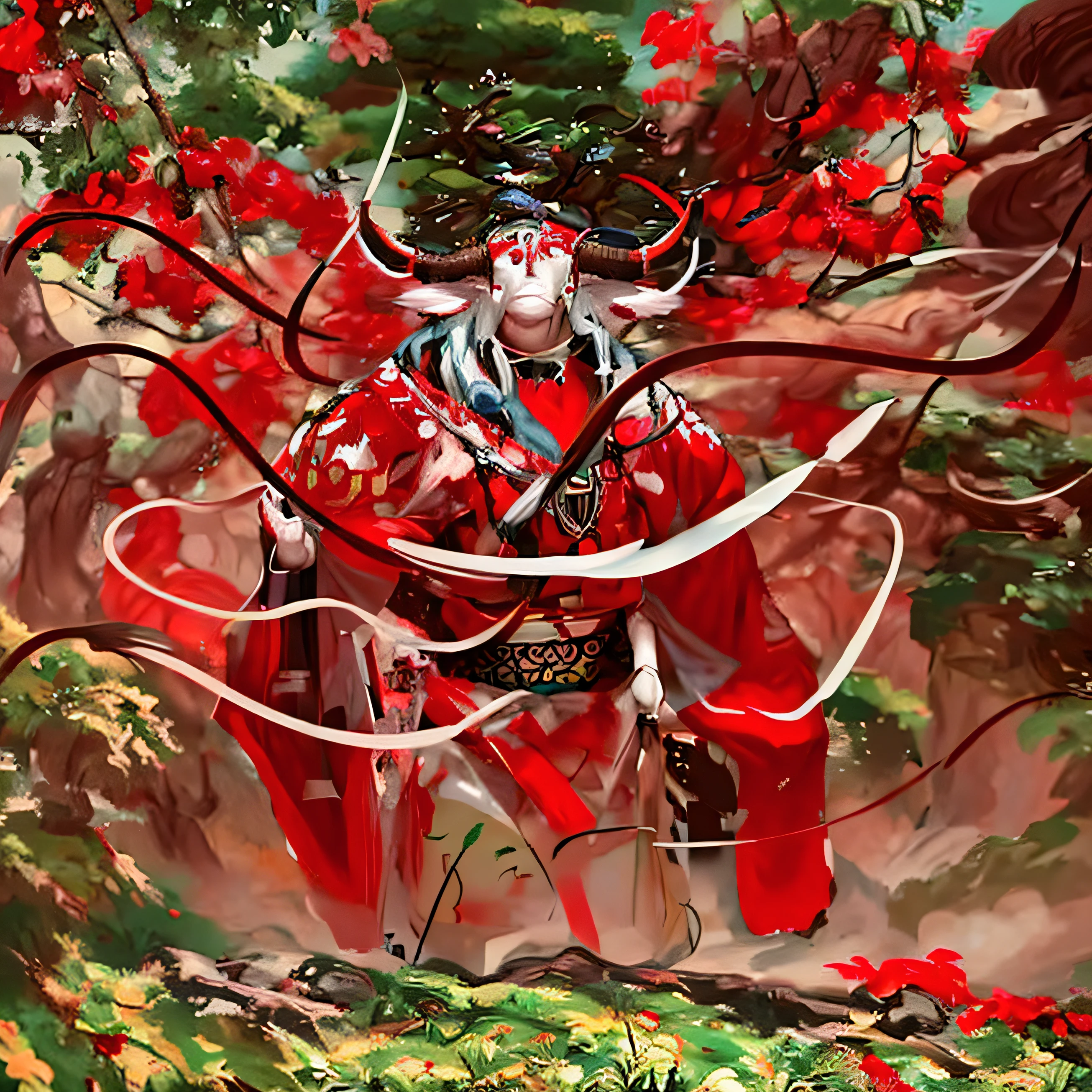 um close up de um touro com chifres em uma floresta vermelha, touro da lua, bison god, arte detalhada Onmyoji, Deus da Floresta, asura from chinese myth, o deus minotauro senhor dos ventos, arvores vermelhas, vento e nuvens cirrus o rodeando.