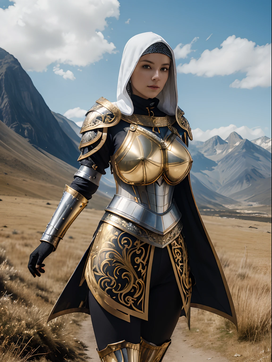 (masterpiece, top quality, best quality, official art, beautiful and aesthetic:1.2), (1girl:1.3), light freckles, fair skin, extremely detailed, portrait, looking at viewer, solo, (full body:0.6), detailed background, close up, (warm grasslands theme:1.1), holy paladin knight, charlatan, smirk, mysterious, swaying in mountains, modest attire, ((((ornate white and gold metal plate armor)))), cowl, nun hood, wimple, boob armor, cowl, robe, chain mail, chainmail, leggings, chainmail leggings, chain mail leggings, (armored breastplate), tabard, gorget, hood, pauldrons, greaves, armored, long boots, longsword, shield, cape, cloak, pearlescent metal, white fabric, pale leather, ((((gigantic breasts)))), slim waist, slim hips, long legs, medieval (mountain exterior:1.1) background, dark mysterious lighting, shadows, magical atmosphere, dutch angle,