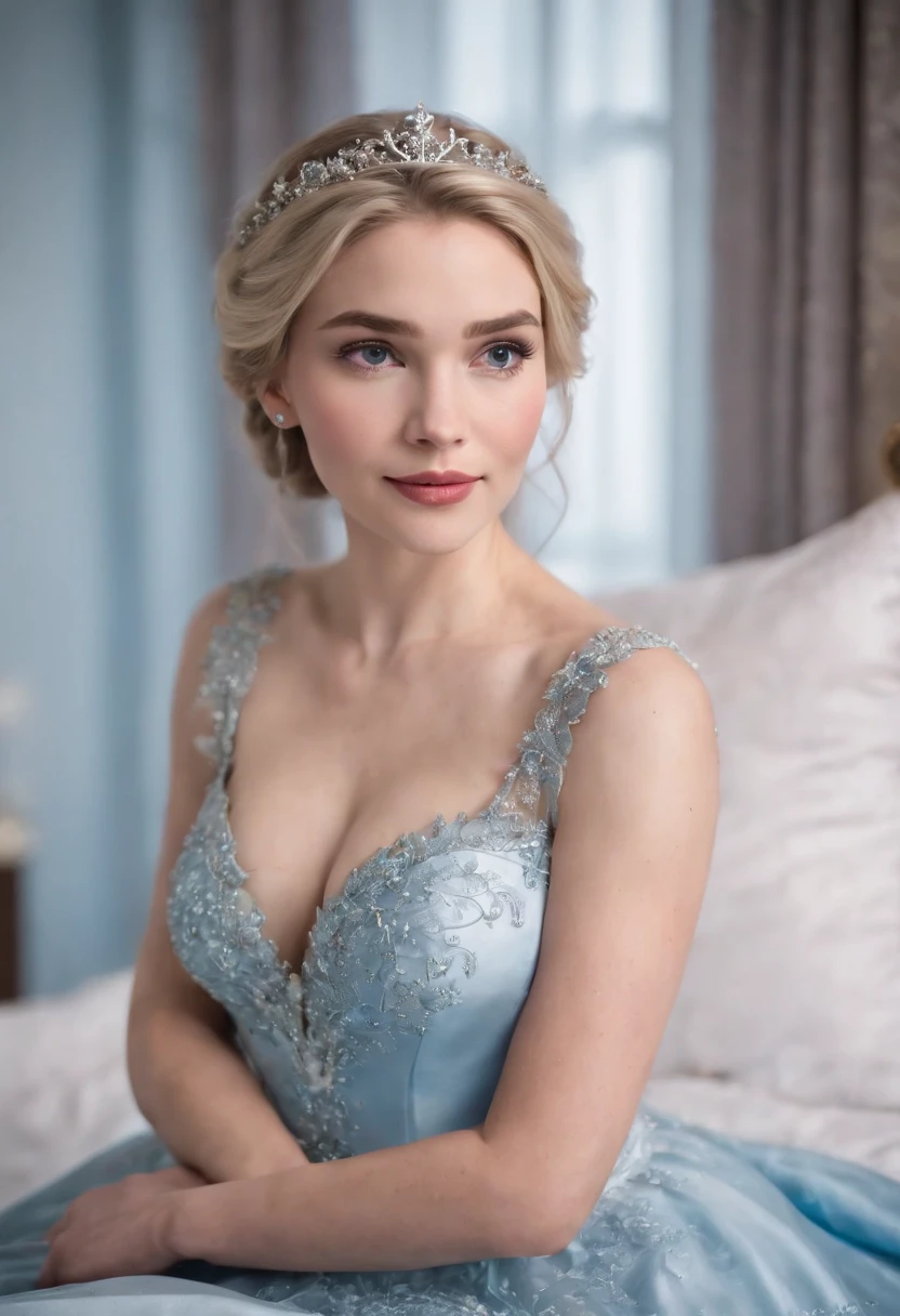 elsa frozen at 18 years old  at the bed, open legs, (showing ), walt disney, blonde woman in blue dress sitting on bed with white sheets, beautiful elsa, portrait of elsa of arendelle, elsa from frozen, blonde - haired princess, elsa frozen, portrait of elsa from frozen, lovely languid princess, beautiful princess, beautiful female princess, light blue dress portrait, dressed beautiful gown, princess portrait, winter princess, icey blue dress, portrait shot