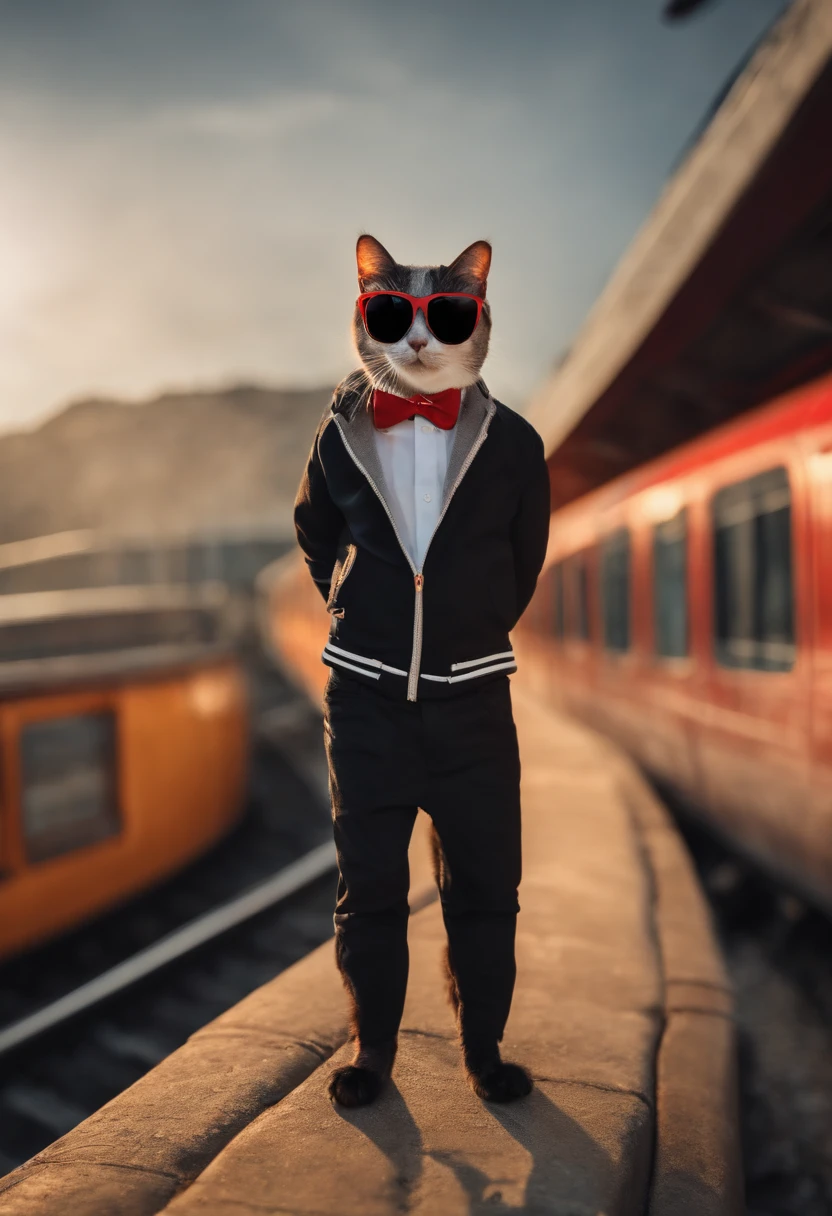 Perfect centering, a cute little cat, Wear a jacket, Wearing sunglasses, Wearing headphones, cheerfulness, Standing position, Abstract beauty, Centered, Looking at the camera, Facing the camera, Approaching perfection, Dynamic, Highly detailed, Smooth, Sharp Focus, 8K、Sunglasses with black rims with red lenses、Calm、