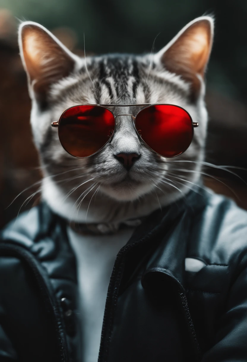 Perfect centering, a cute little cat, Wear a jacket, Wearing sunglasses, Wearing headphones, cheerfulness, Standing position, Abstract beauty, Centered, Looking at the camera, Facing the camera, Approaching perfection, Dynamic, Highly detailed, Smooth, Sharp Focus, 8K、Sunglasses with black rims with red lenses、Calm、
