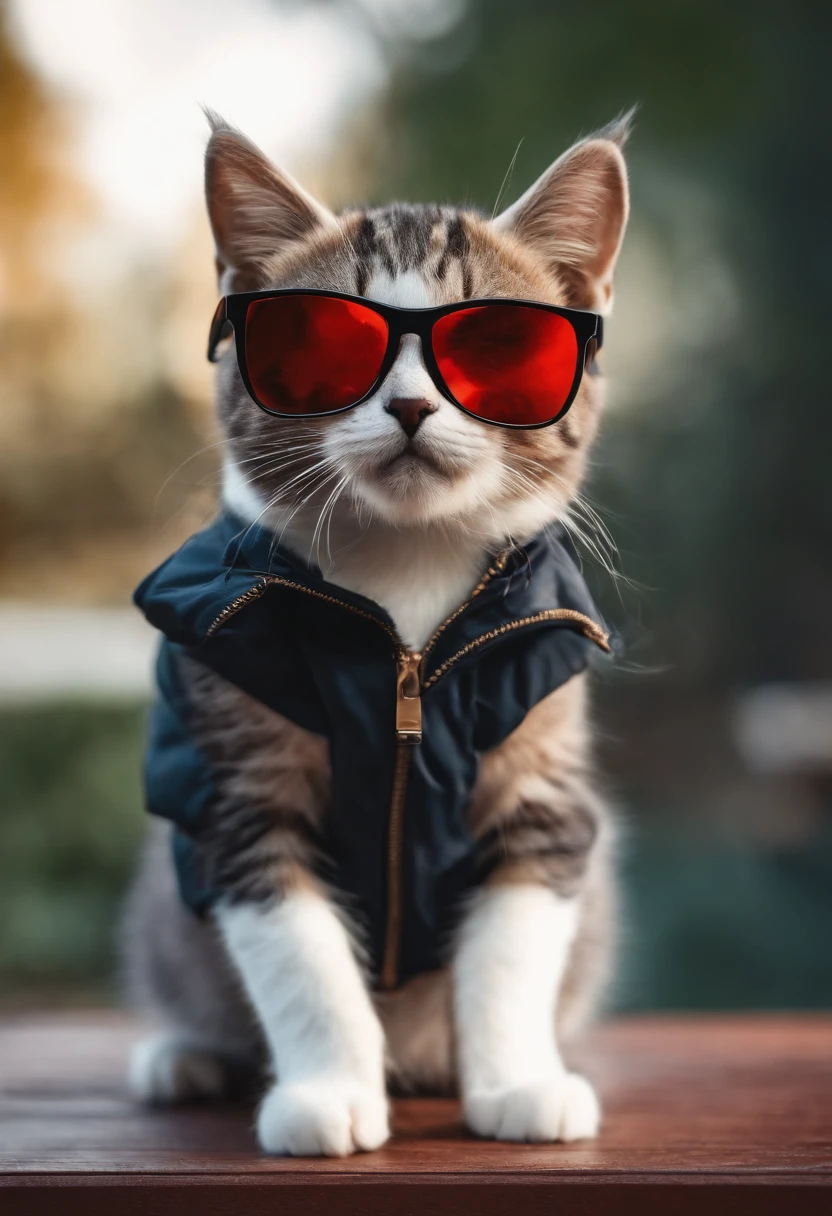 Perfect centering, a cute little cat, Wear a jacket, Wearing sunglasses, Wearing headphones, cheerfulness, Standing position, Abstract beauty, Centered, Looking at the camera, Facing the camera, Approaching perfection, Dynamic, Highly detailed, Smooth, Sharp Focus, 8K、Sunglasses with black rims with red lenses、Calm、