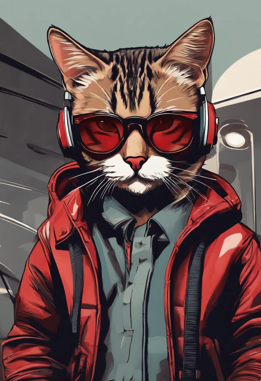 Perfect centering, a cute little cat, Wear a jacket, Wearing sunglasses, Wearing headphones, cheerfulness, Standing position, Abstract beauty, Centered, Looking at the camera, Facing the camera, Approaching perfection, Dynamic, Highly detailed, Smooth, Sharp Focus, 8K、Sunglasses with black rims with red lenses、Calm、