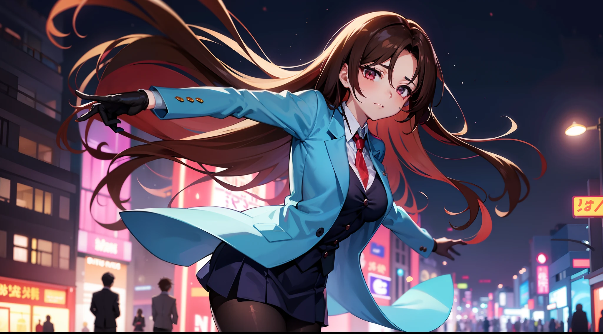 Bewitching anime busty woman in light blue suit and tight skirt、Black tights,Inviting look、Show off your chest、Shirt and brown hair,Ecchi anime style, bending forward,Kamimei,Red Light District at Night,neons、Bokeh in the background