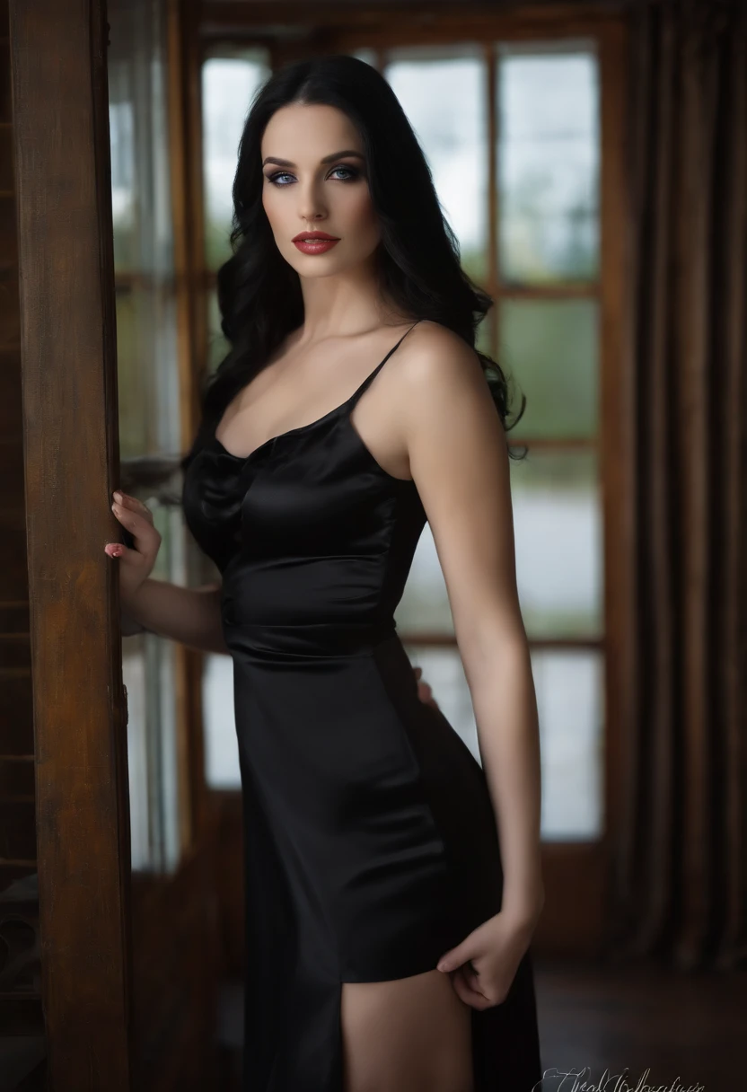 beautiful, perfect, girl, long black hair, blye eyes ,pale skin, curvy figure, short in hight, long black silky dress, real , D cup brests, bere foot, hair down, perfect butt , 30 years old