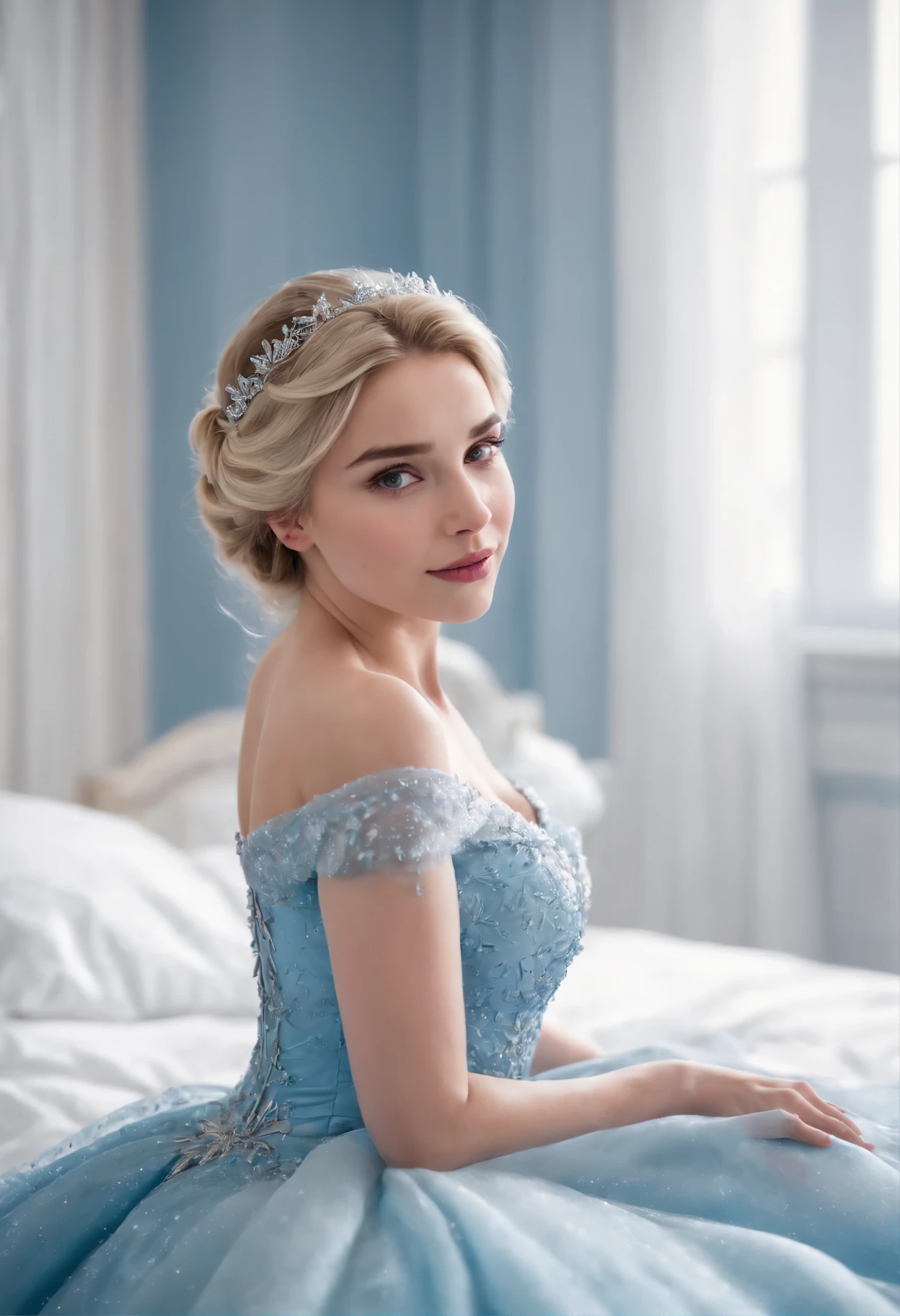 elsa frozen at 18 years old at the bed, open legs, (showing ), walt disney, blonde woman in blue dress sitting on bed with white sheets, beautiful elsa, portrait of elsa of arendelle, elsa from frozen, blonde - haired princess, elsa frozen, portrait of elsa from frozen, lovely languid princess, beautiful princess, beautiful female princess, light blue dress portrait, dressed beautiful gown, princess portrait, winter princess, icey blue dress, portrait shot