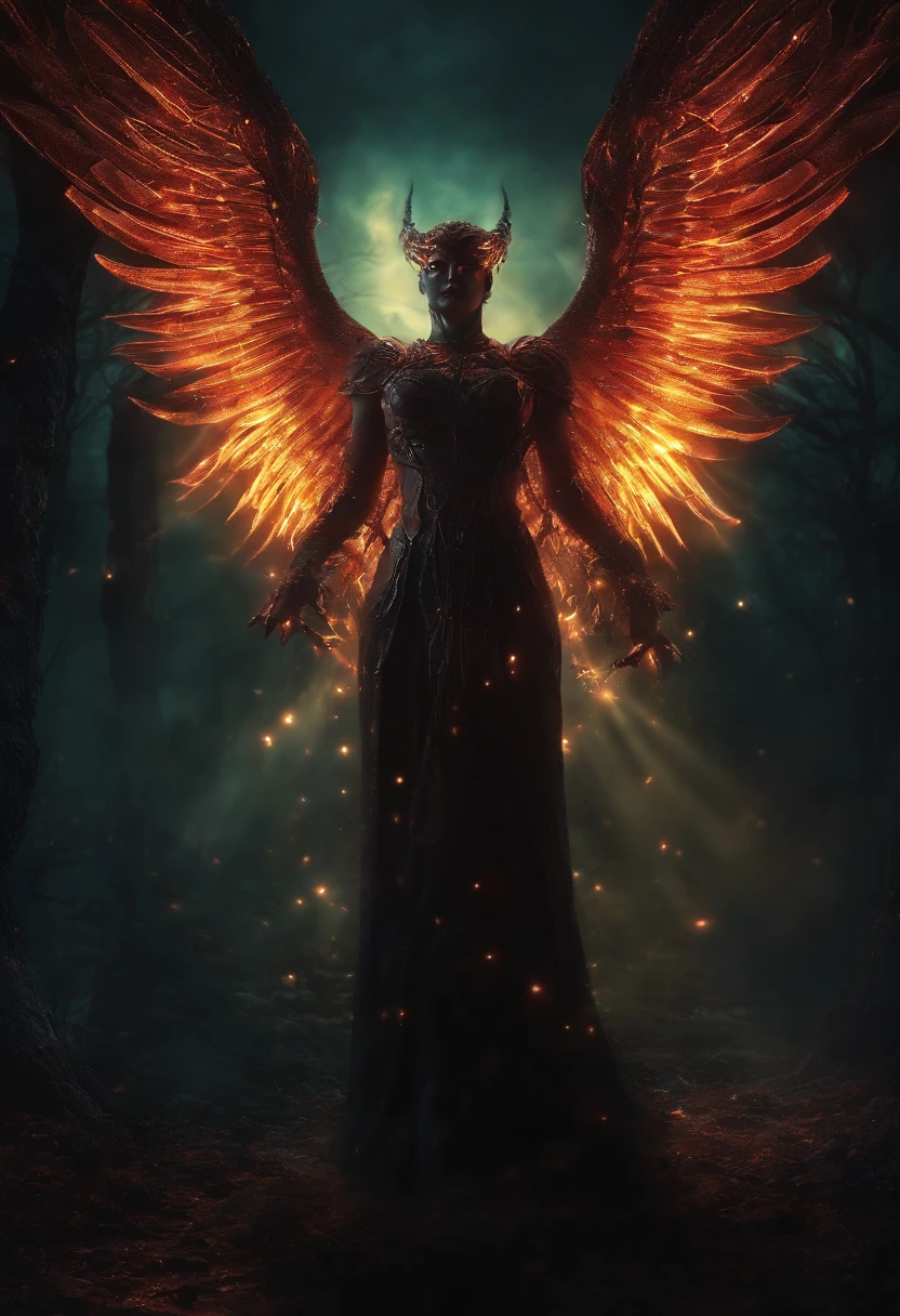(focus on a hauntingly beautiful bioengineered creature:1.2), human like Dragon landscape,horn fire,full body,fire skin,colorful dark unfocused background, (ultra resolution:2), detailed masterpiece, Realistic, wing fire 