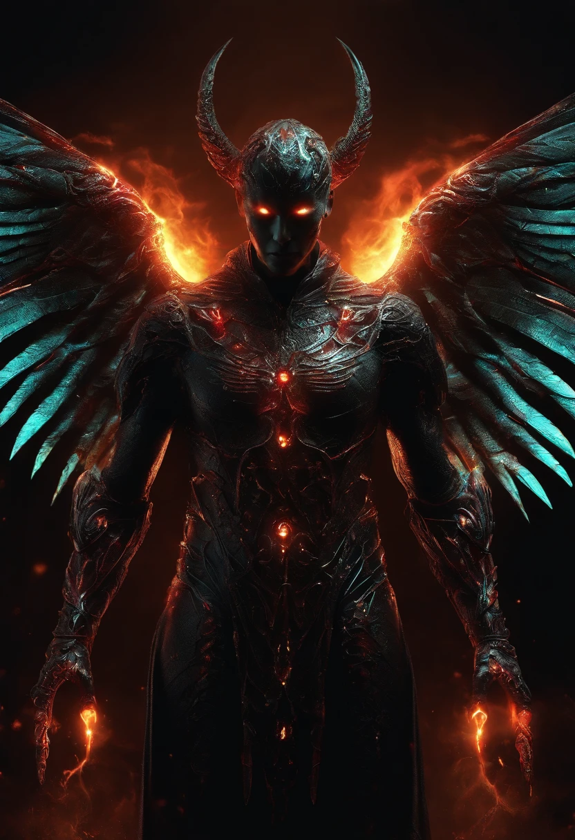 Demon  Fallen Angel, glowing light eyes, Biomechanical, eerie, Creepy, nightmarish, Very bright colors, Light particles, with light glowing, Mshiff, wallpaper art, UHD wallpaper blood ,