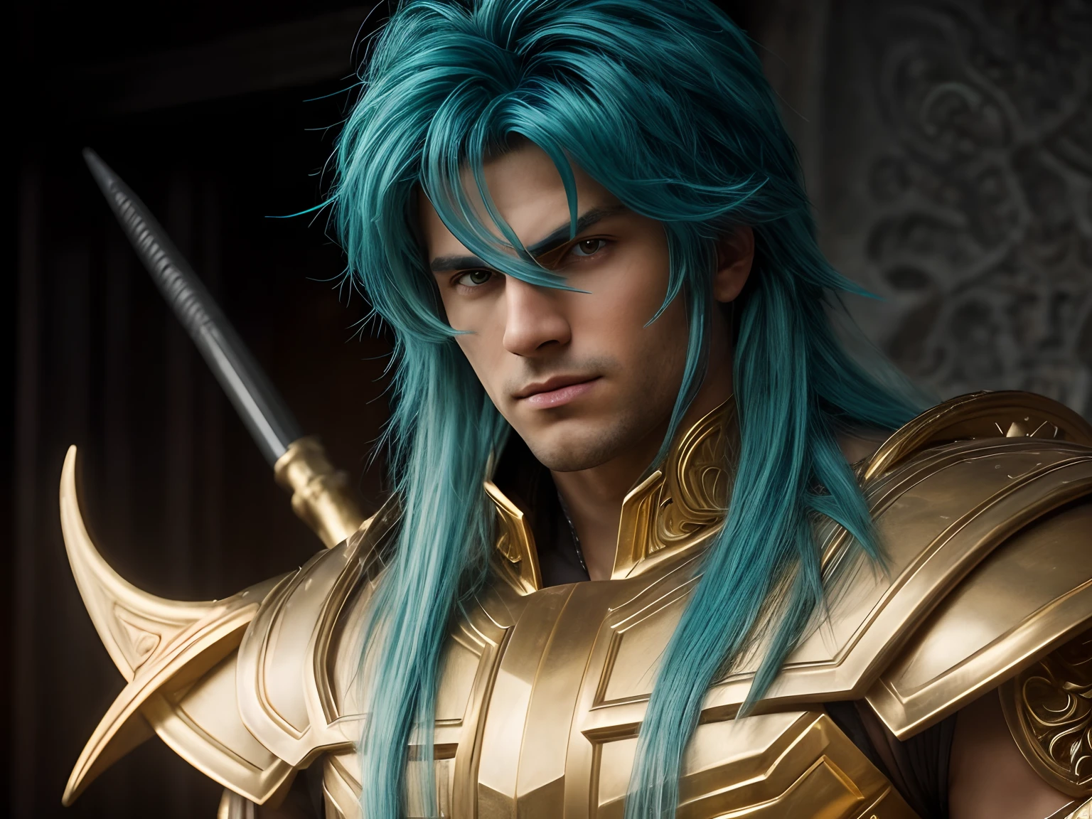 Cinematic stunningly detailed and ultra-realistic Milo Scorpio of Saint Seiya. Close up. He is wearing a medieval armor, (golden armor), shoulder armor, near starry Skye background, (detailed armor, high quality), (ornate armor), Octane is the perfect tool to capture the softest details of this 16k photography masterpiece. He is a handsome caucasian man about 30 years old. 1boy. Beautiful face. Detailed face. Beautiful nose. ((Pretty big turquoise eyes)). Perfect eyes. Defined eyes. Shaved. He has long ((dark blue)) hair. Messy hair. ((Shaved)). . He is staring his enemy.