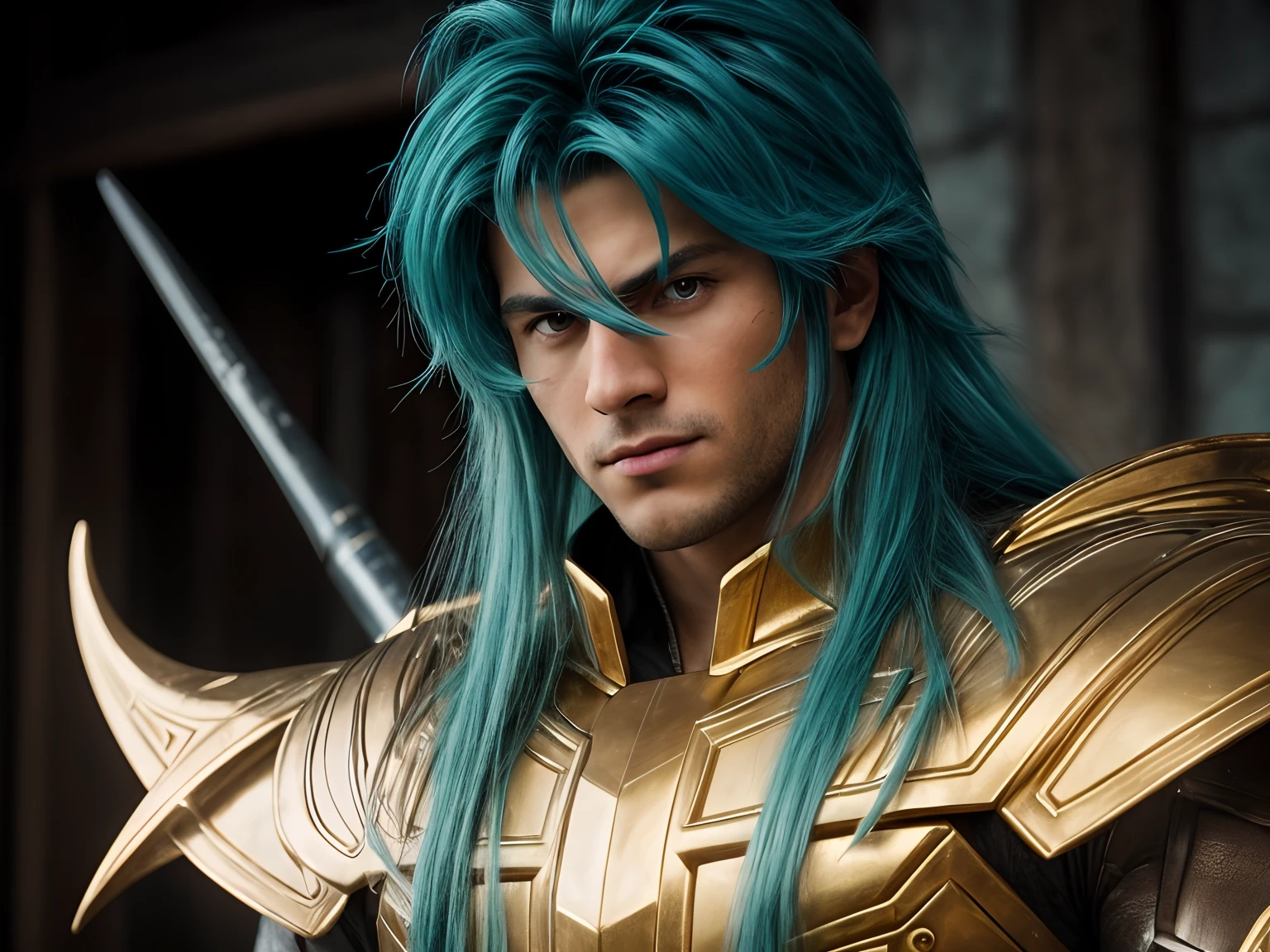 Cinematic stunningly detailed and ultra-realistic Milo Scorpio of Saint Seiya. Close up. He is wearing a medieval armor, (golden armor), shoulder armor, near starry Skye background, (detailed armor, high quality), (ornate armor), Octane is the perfect tool to capture the softest details of this 16k photography masterpiece. He is a handsome caucasian man about 30 years old. 1boy. Beautiful face. Detailed face. Beautiful nose. ((Pretty big turquoise eyes)). Perfect eyes. Defined eyes. Shaved. He has long ((dark blue)) hair. Messy hair. ((Shaved)). . He is staring his enemy.