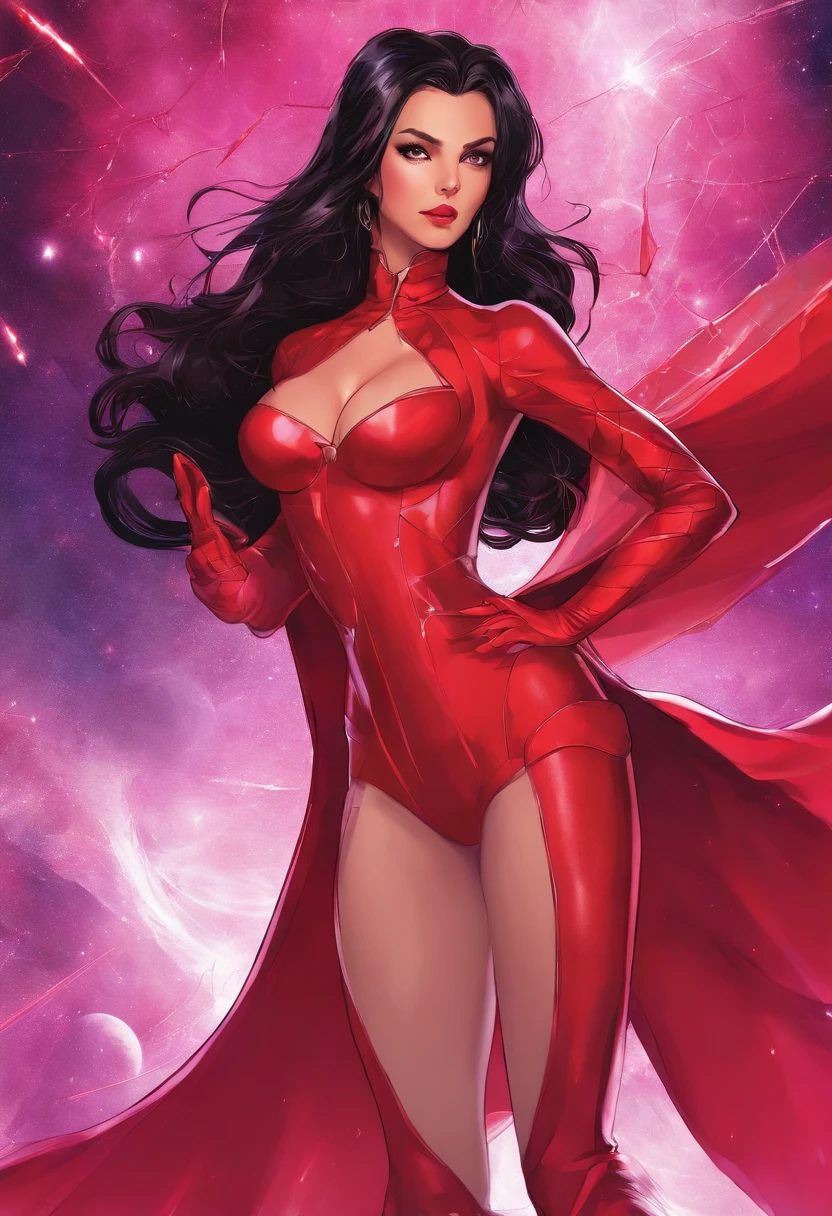 back view, brunette 18 yo exotic girl with dark eyeliner and eyeshadow, wearing (red high cut playboy bunny micro-bodysuit thong with hot pink pantyhose), deep cameltoe, red stiletto gogo boots, red gloves, long pvc red shrug cape, long dark hair and cape blowing wildly, both arms hands pointing directly at the camera, cosmic jack kirby kirby-crackle effect background, scarlet witch cosplay