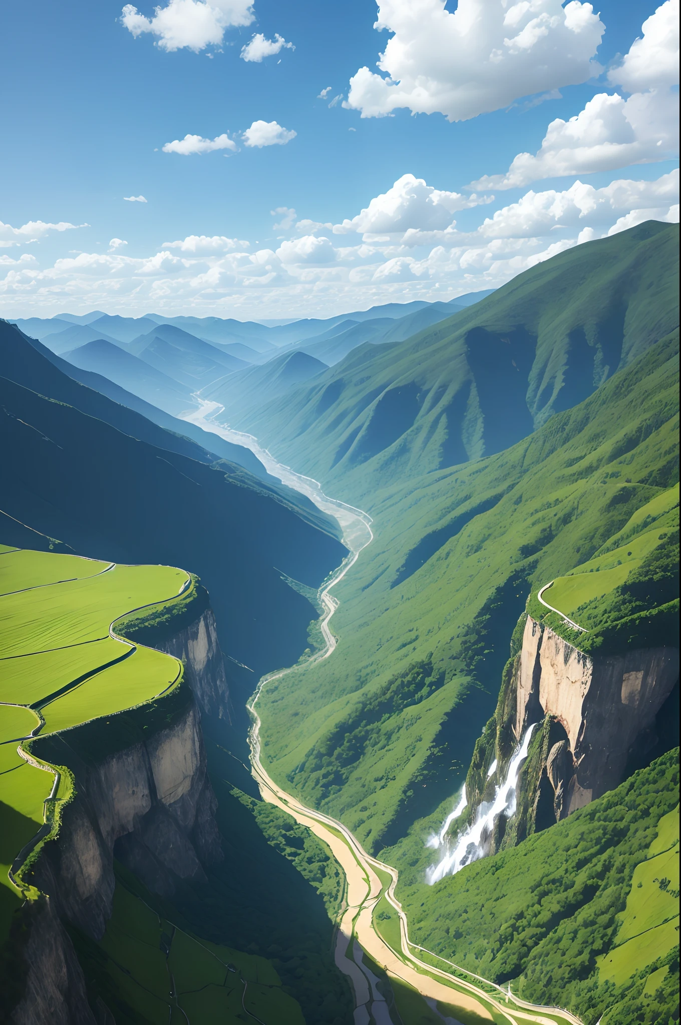 paper art，with blue sky and white clouds，Green Mountains and Green Water，terraced