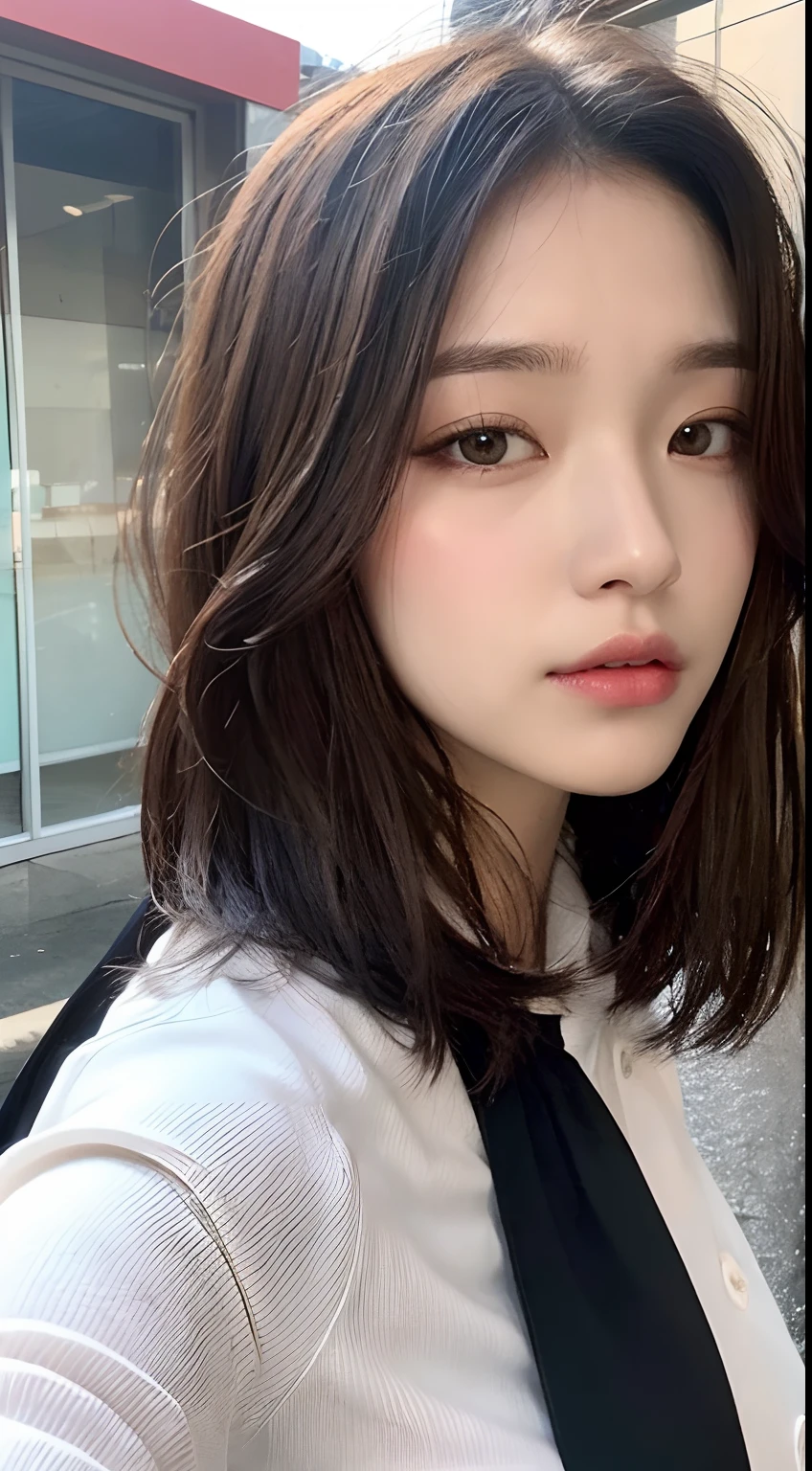 ((Best Quality, 8K, Masterpiece: 1.3)), Sharp: 1.2, Perfect Body Beauty: 1.4, Slim Abs: 1.2, ((Layered Hairstyle, Big Breasts: 1.2)), (Wet White Button Long Shirt: 1.1), (Rain, Street: 1.2), Wet: 1.5, Highly detailed face and skin texture, detailed eyes, double eyelids, side face looking at the camera