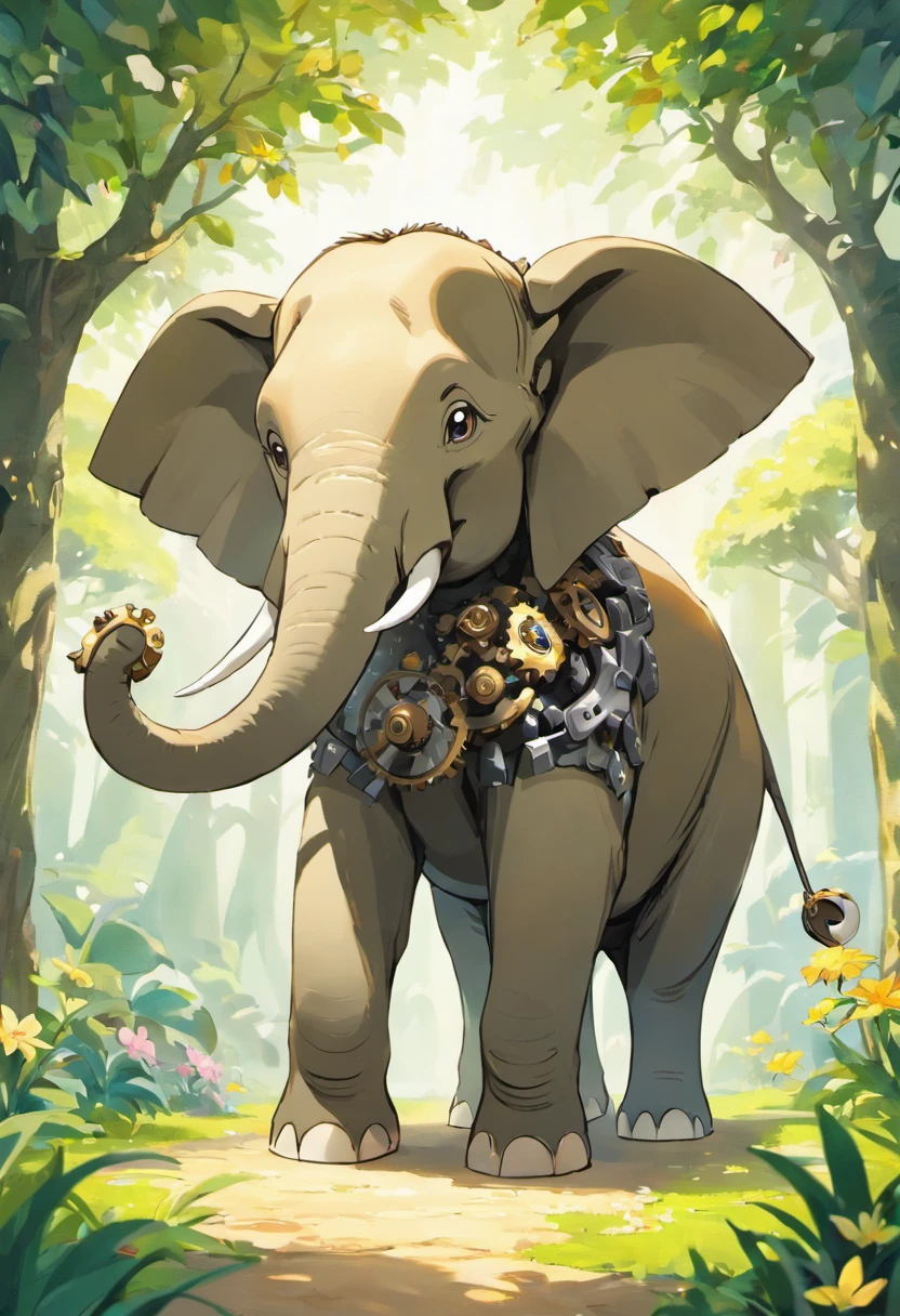 An ultra-detailed, high-resolution (best quality, 4k, 8k, highres, masterpiece:1.2) image of a machine elephant. The elephant should have an intricate design, with various mechanical parts and gears visible on its body. The elephant's eyes should be detailed, with a mesmerizing glow emanating from them. The trunk should be strong and flexible, with small mechanical joints that allow it to move in a lifelike manner. The tusks should be made of gleaming metal, polished to perfection. The ears should have delicate engravings, resembling intricate art pieces. The body of the elephant should be made of a combination of shiny metal and smooth, polished surfaces, creating a blend of ruggedness and elegance. The machine elephant should be standing majestically in a lush garden, surrounded by vibrant flowers and tall, green trees. The scene should be bathed in warm, golden sunlight, creating a magical atmosphere. The colors should be vivid and rich, with a hint of metallic sheen to enhance the mechanical elements. The lighting should emphasize the intricate details of the machine elephant, casting dramatic shadows and highlights. The overall style should combine elements of sci-fi and concept art, creating a unique and captivating image.