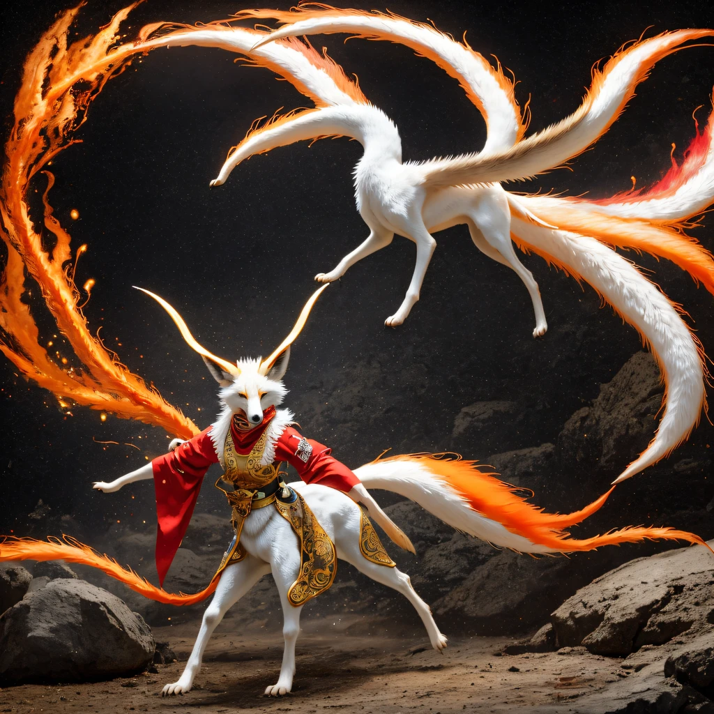 Nine-tailed fox 32K,Red and White Immortal Demon Realm, Chance encounter with Liu Hanshu, He saw in him his former self, It was decided to take him as an apprentice, Teach him how to protect himself, But because of the Tibetan star map, Phoenix and the Liu family、The Jade Sword Sect establishes relationships, It opens with the death of Liu Hanshu, Qin Yu embarked on the road of confrontation with a strong enemy, Working hard, Make yourself stronger, Stick to your own core path of justice, (nine tail fox)eyes filled with angry,The red and white nine-tailed fox clenched its fists,Rush up,Deliver a fatal blow to your opponent,full bodyesbian,Full body nine-tailed fox male mage 32K(Masterpiece Canyon Ultra HD)fenghuang(canyons)Climb the streets, The scene of the explosion(nine tail fox), (Dragons), The nine-tailed fox's angry fighting stance, looking at the ground, Batik linen bandana, Chinese red and white pattern long-sleeved garment, Canyon red and white nine-tailed fox(Abstract propylene splash:1.2)Red White(realisticlying:1.4),Black color hair,Flour fluttering,rainbow background, A high resolution, the detail, RAW photogr, Sharp Re, Nikon D850 Film Stock Photo by Jefferies Lee 4 Kodak Portra 400 Camera F1.6 shots, Rich colors, ultra-realistic vivid textures, Dramatic lighting, Unreal Engine Art Station Trend, cinestir 800,Red and white fluttering mist,(((Jungle Canyon)))The wounded lined up in the streets(vale)Climb the streets,Movie master real-time image quality(tmasterpiece,k hd,hyper HD,32K) (Linen batik scarf), Combat posture, looking at the ground, Linen bandana, Chinese nine-tailed fox pattern long-sleeved garment, Morning nine-tailed fox(Abstract gouache splash:1.2), Dark clouds lightning background,sprinkling
