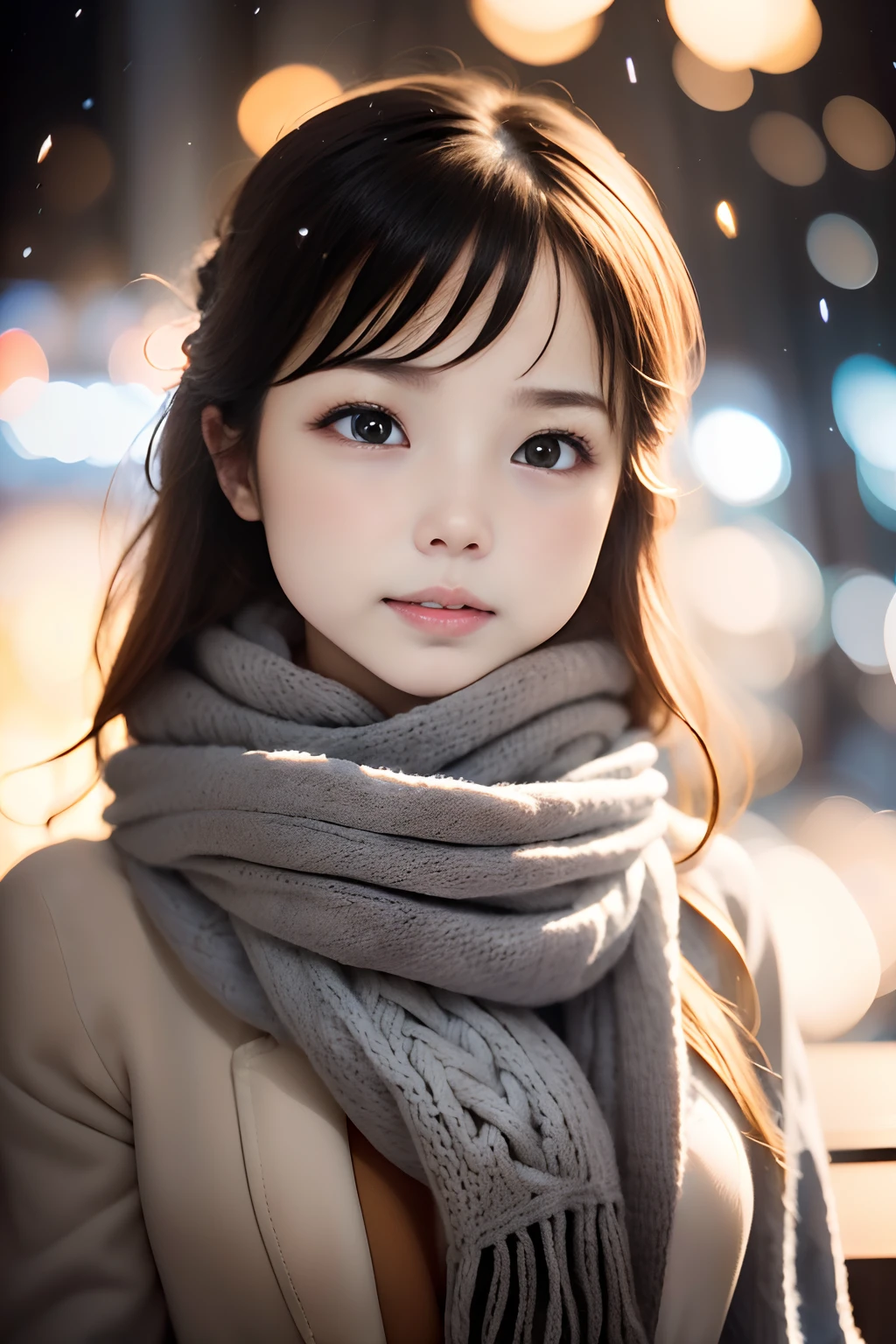 ((no-makeup、closes mouth:1.2))、(realisitic、Photorealsitic、ultra-detailliert、Highest Details Skins、top-quality、masterpiece、超A high resolution)、Cute Russian Woman、17 age、hi-school girl、younggirl、1 girl in、I have bangs、ash blonde:1.7、二重まぶた、drooing eyes、Japanese style face、purity、double tooth、Realistic skin type、Thick muffler、Grey muffler、fluffy hair、((Hair is inside the scarf:1.3))、Red cheeks、The wind is blowing、It's snowing、natta、illuminations、Lighting from behind