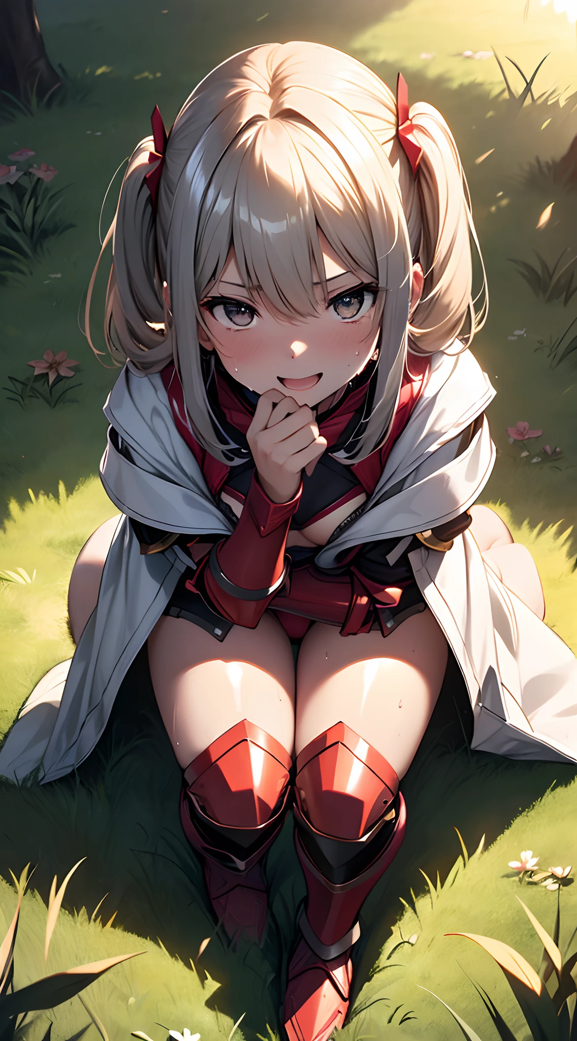 top-quality、supreme1People Girls,hightquality,, ((masuter piece)), ((High resolution)), ((Best Quality)), detail, (NSFW:1.6 ,cum faced、Excited face.Very happy,), ((Skin shiny with sweat)), (Red Bikini Armor:1.2)、 girl with, Silvery hair, (Half Twin Tail)、Brown skin tone:1.3、Sit down with your legs open、Smaller chest, eye glass、、cinmatic lighting, perfectly shaded,(((grass field))), Realistic lighting with shades,