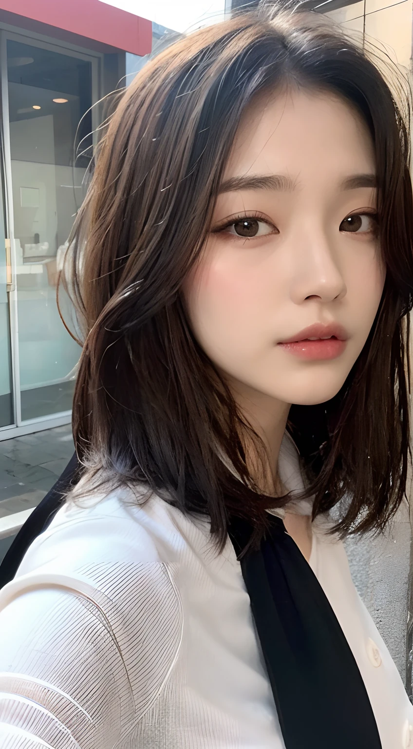 ((Best Quality, 8K, Masterpiece: 1.3)), Sharp: 1.2, Perfect Body Beauty: 1.4, Slim Abs: 1.2, ((Layered Hairstyle, Big Breasts: 1.2)), (Wet White Button Long Shirt: 1.1), (Rain, Street: 1.2), Wet: 1.5, Highly detailed face and skin texture, detailed eyes, double eyelids, side face looking at the camera