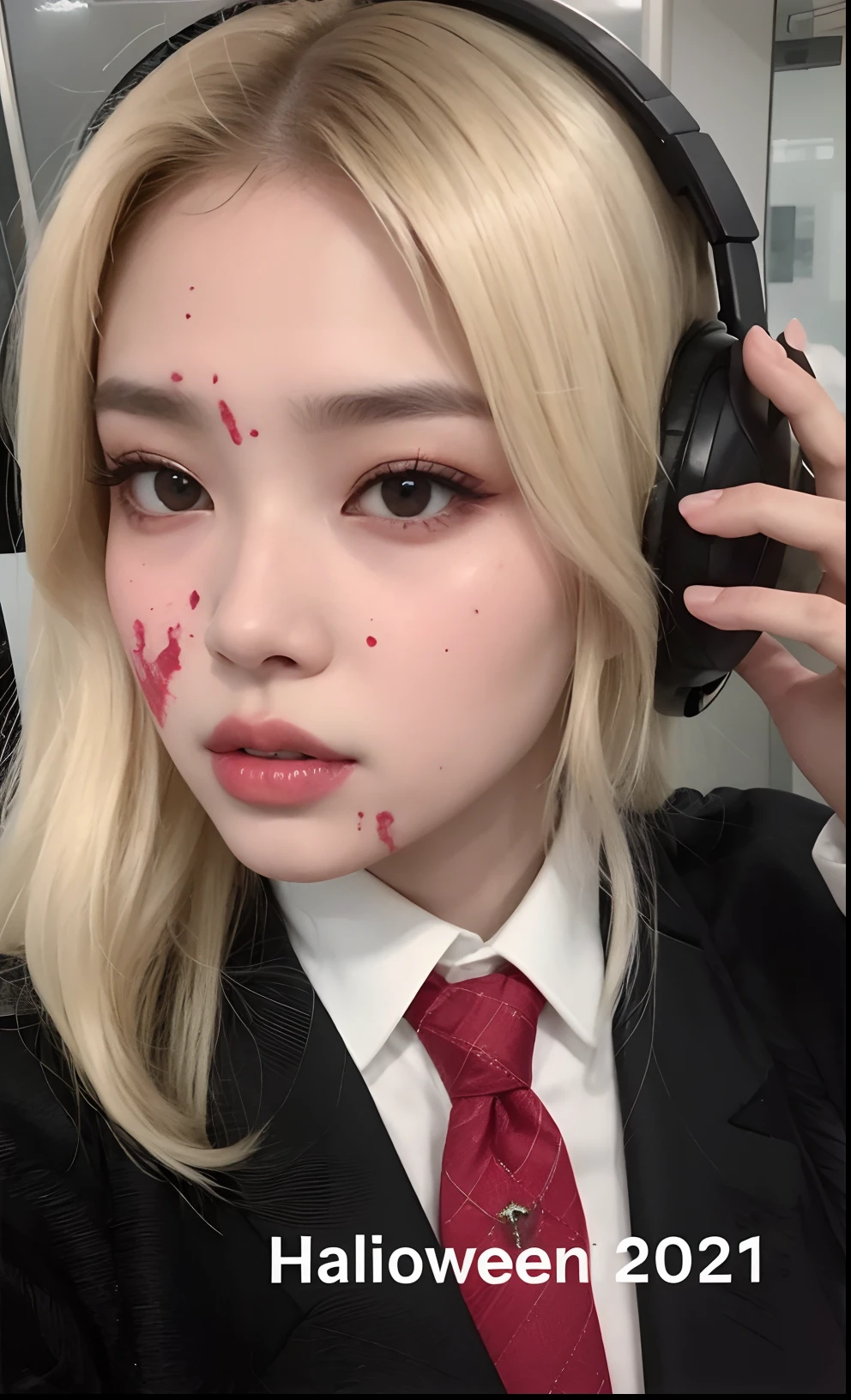 um close up de uma pessoa de terno e gravata com sangue no rosto, uma aluna hiperrealista, cosplay realista, aluna hiperrealista, rosto limpo e brutal ensanguentado, cosplay profissional, inspirado em Yanjun Cheng, Sakimichan Frank Franzzeta, Yanjun Chengt, parece uma mistura de grimes, cruel korean goth girl, coberto de limo vermelho
