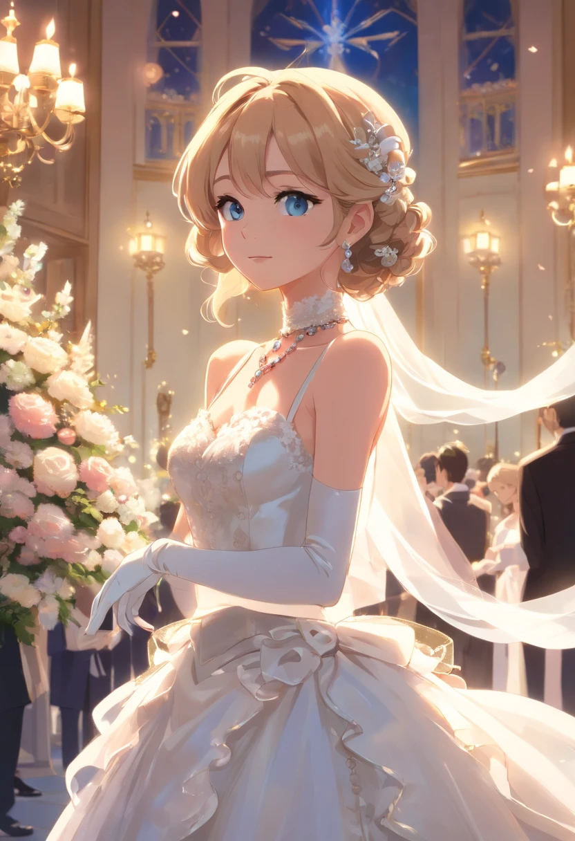 (masterpiece, best quality:1.5), (ultra detailed, high resolution, 8k, beautiful detailed, UHD, best anatomy), 1 cute girl, blonde hair, medium breasts, wedding dress, bridal veil, flower, wedding hall, Happy face