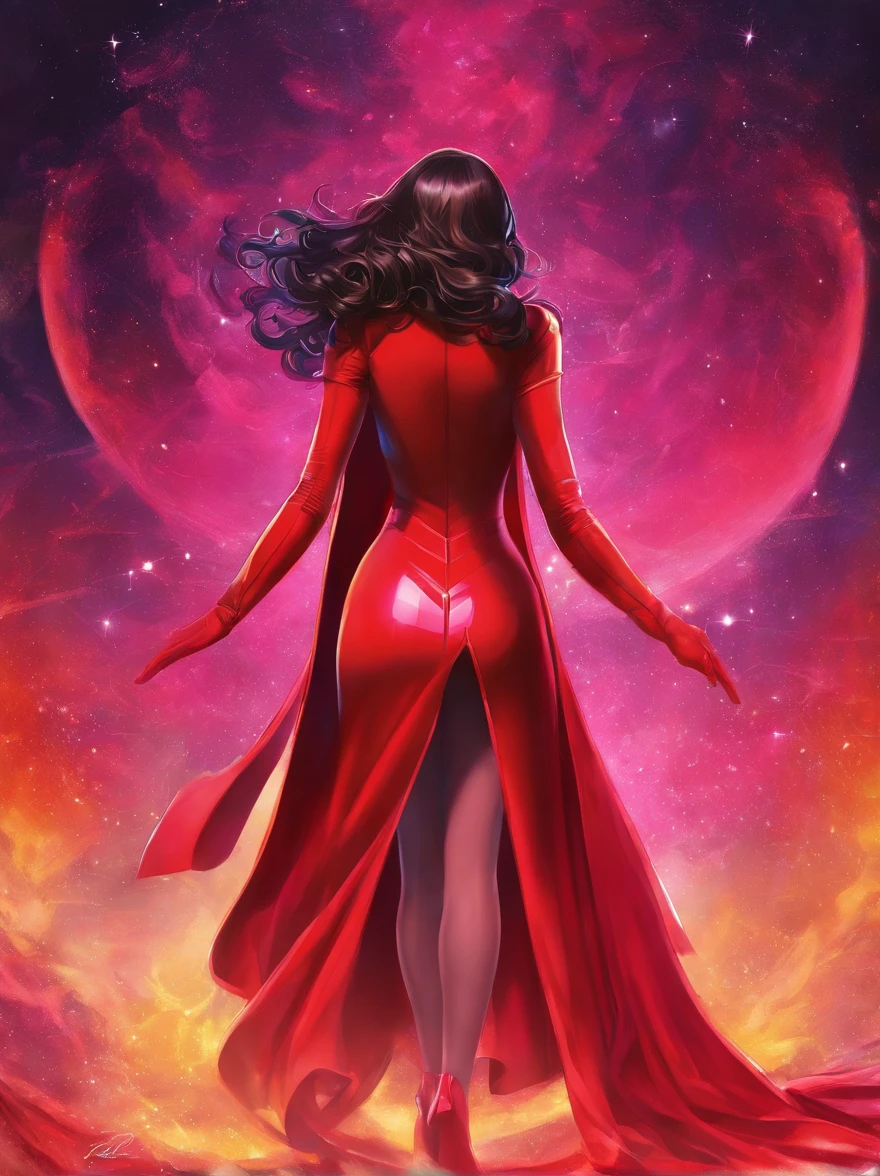 back view, brunette 18 yo exotic girl with dark eyeliner and eyeshadow, wearing (red high cut playboy bunny micro-bodysuit thong with hot pink pantyhose), deep cameltoe, red stiletto gogo boots, red gloves, long pvc red shrug cape, long dark hair and cape blowing wildly, both arms hands pointing directly at the camera, cosmic jack kirby kirby-crackle effect background, scarlet witch cosplay