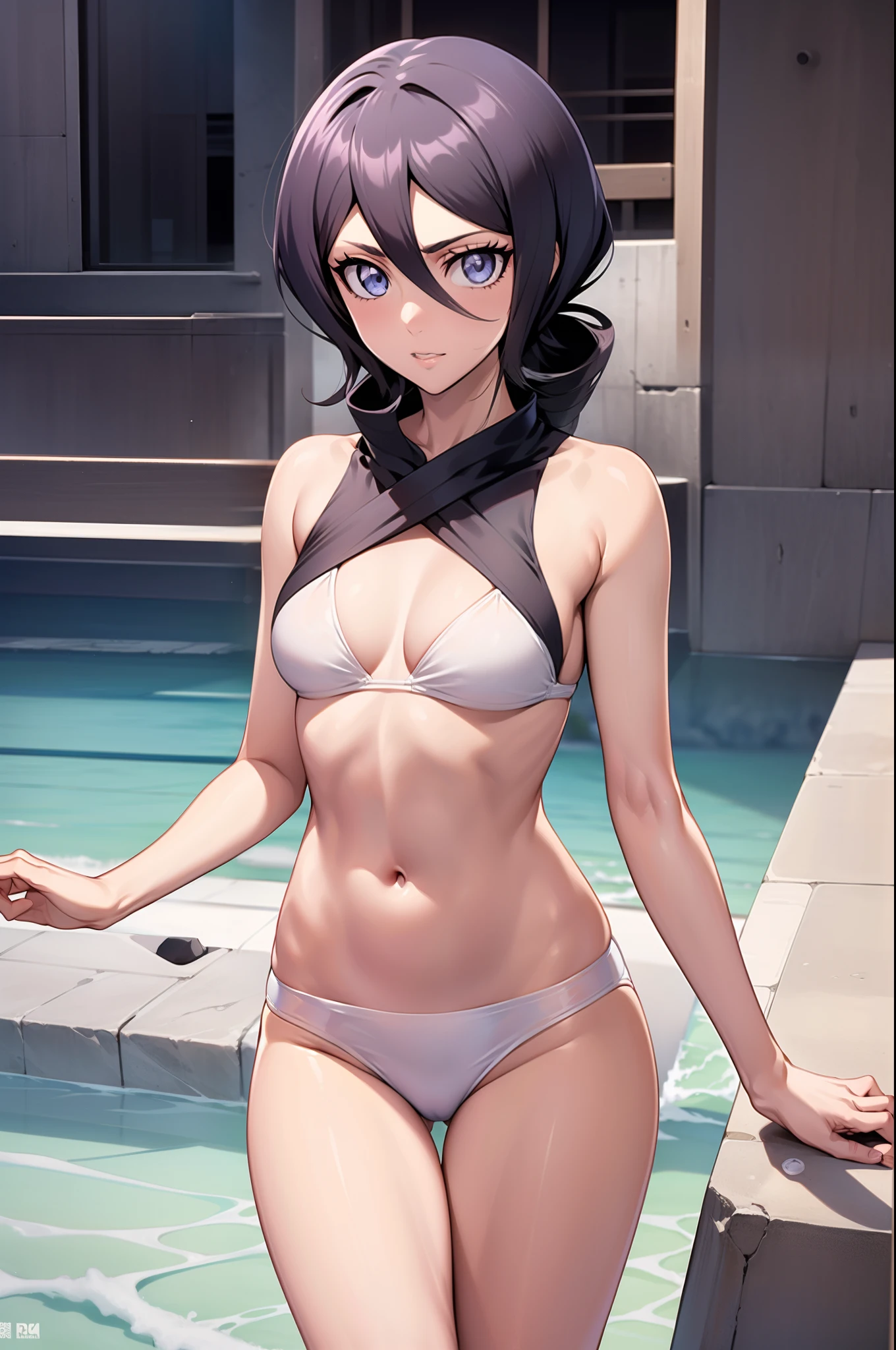 Persona 5 Art Style, Persona 5 Style, Kasumi Yoshizawa, Girl in Swimsuit, Full Length Portrait, High Quality, Ponytail, Small Breasts, Bangs, Smooth Thighs, Patsun, Top Quality, Ultra High Definition, Fine Eyes, Slender Legs, Fine Beautiful Eyes, 8K, White Bikini, Protruding Buttocks, Silver Hair, Silver Hair