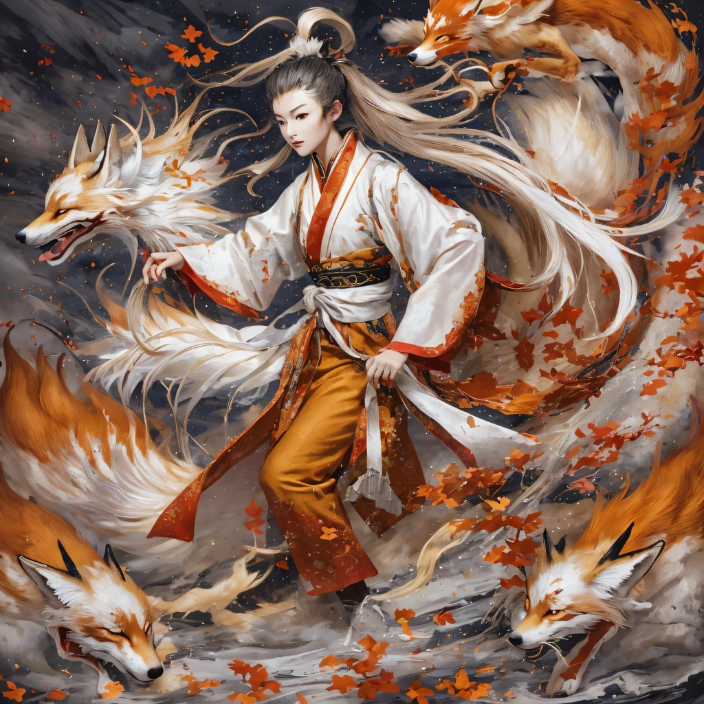 Nine-tailed fox 32K，Red and White Immortal Demon Realm, Chance encounter with Liu Hanshu, He saw in him his former self, It was decided to take him as an apprentice, Teach him how to protect himself, But because of the Tibetan star map, Phoenix and the Liu family、The Jade Sword Sect establishes relationships, It opens with the death of Liu Hanshu, Qin Yu embarked on the road of confrontation with a strong enemy, Working hard, Make yourself stronger, Stick to your own core path of justice, （nine tail fox）eyes filled with angry，The red and white nine-tailed fox clenched its fists，Rush up，Deliver a fatal blow to your opponent，full bodyesbian，Full body nine-tailed fox male mage 32K（Masterpiece Canyon Ultra HD）fenghuang（canyons）Climb the streets， The scene of the explosion（nine tail fox）， （Dragons）， The nine-tailed fox's angry fighting stance， looking at the ground， Batik linen bandana， Chinese red and white pattern long-sleeved garment， Canyon red and white nine-tailed fox（Abstract propylene splash：1.2）Red White（realisticlying：1.4），Black color hair，Flour fluttering，rainbow background， A high resolution， the detail， RAW photogr， Sharp Re， Nikon D850 Film Stock Photo by Jefferies Lee 4 Kodak Portra 400 Camera F1.6 shots, Rich colors, ultra-realistic vivid textures, Dramatic lighting, Unreal Engine Art Station Trend, cinestir 800，Red and white fluttering mist,（（（Jungle Canyon）））The wounded lined up in the streets（vale）Climb the streets，Movie master real-time image quality（tmasterpiece，k hd，hyper HD，32K） （Linen batik scarf）， Combat posture， looking at the ground， Linen bandana， Chinese nine-tailed fox pattern long-sleeved garment， Morning nine-tailed fox（Abstract gouache splash：1.2）， Dark clouds lightning background，sprinkling