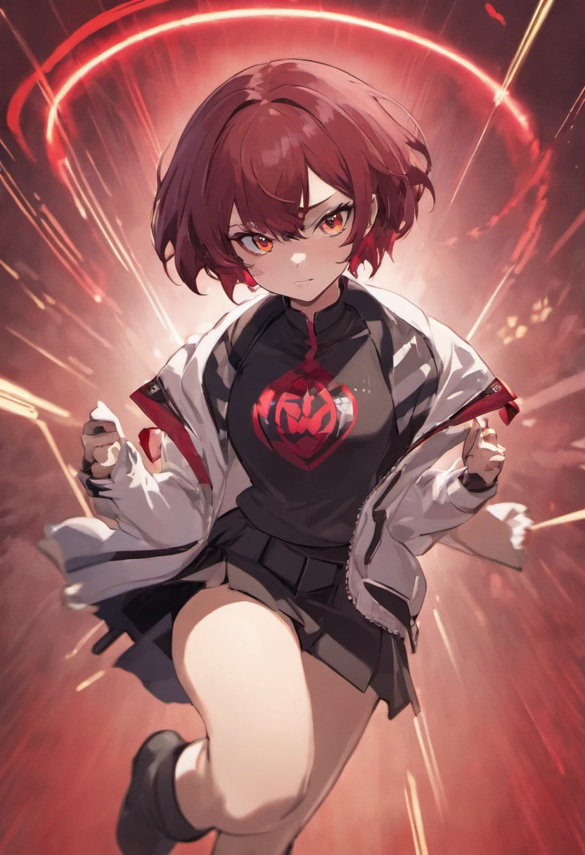 Haru Okumura (persona 5), team rocket uniform, white jacket, white skirt, pencil skirt, miniskirt, black thighhigh boots, black elbow gloves, hand on hip, midriff, red letter "R", evil laugh, looking down on viewer