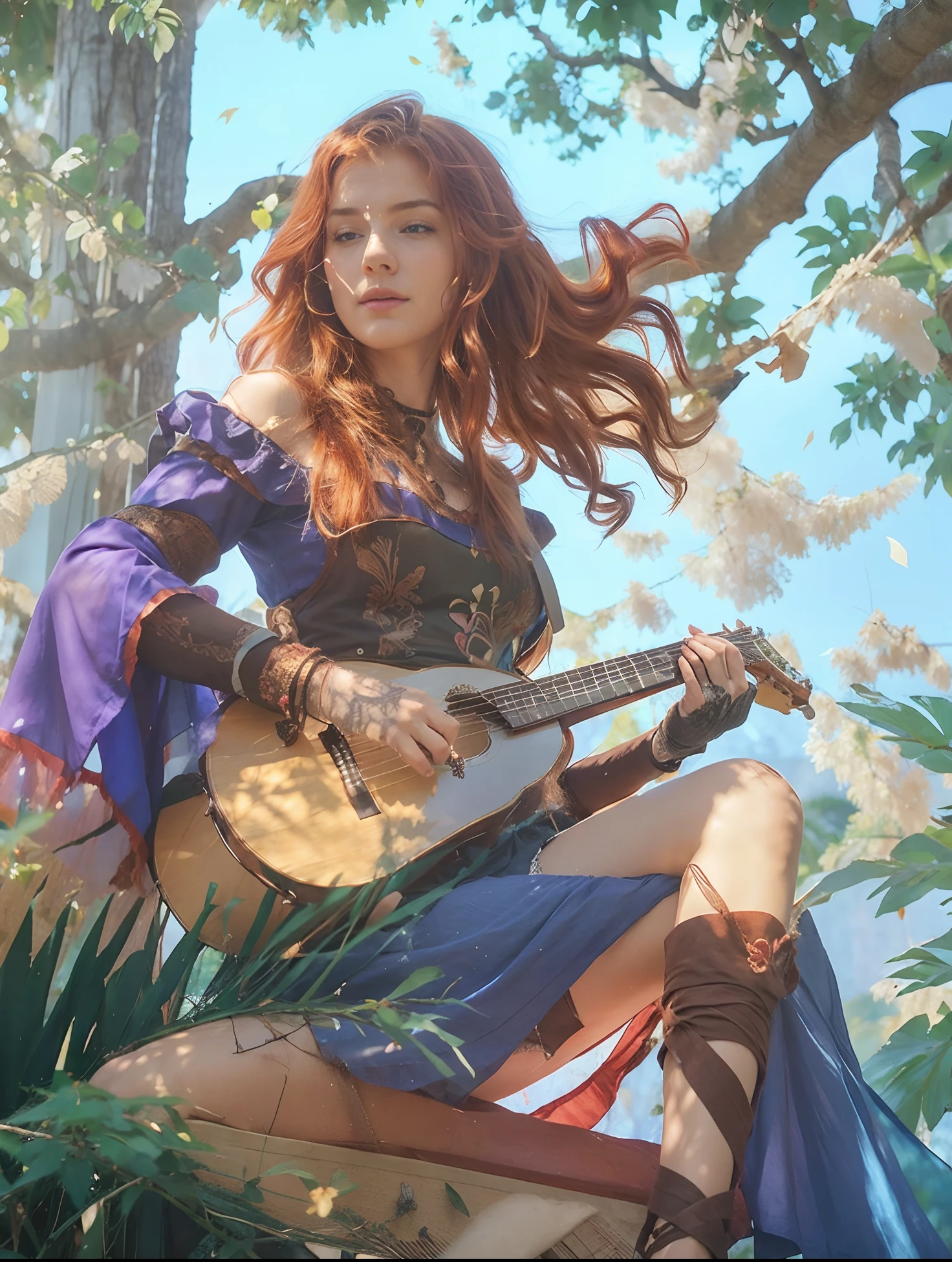 (best quality,Altas),Red-haired girl playing a lute in the forest, cabelos volumosos, cercado por uma enorme aura azul, cores vibrantes, realistic lighting, detailed facial features, atmosfera tranquila, mistic ambient, Enchanting scenery, magical composition, intrincado instrumento musical, Soft sunlight filtering through the trees, Delicate leaves dancing in the breeze, Ethereal presence, melodias hipnotizantes, segredos escondidos da floresta, Ambiente sereno e tranquilo