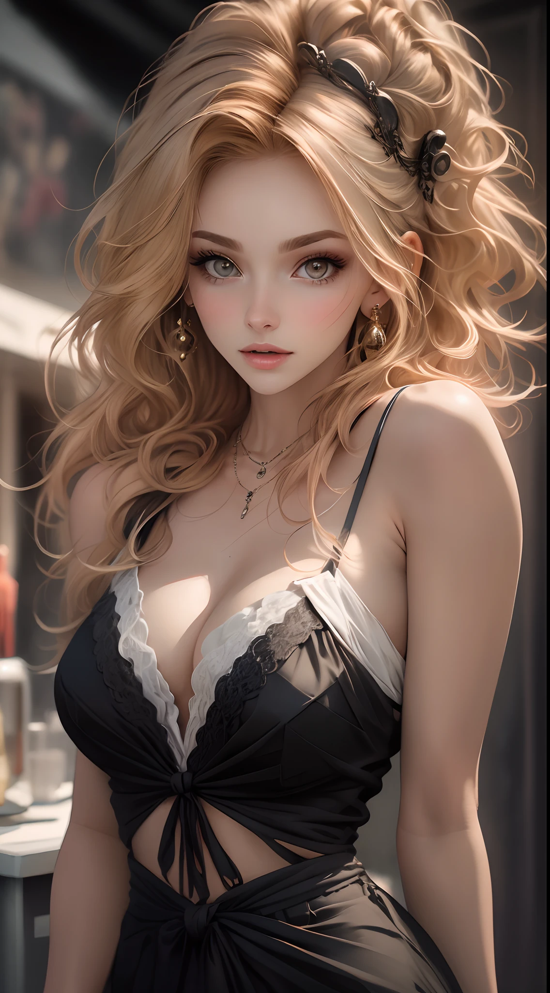 masterpiece, top quality, 8K, real person, realistic, very dense CG, shiny skin, fully focused, radiant, beautiful British blonde girl, wearing a loose top, stylish design, mesmerizing look,bold and majestic look, Background England, beautiful and elegant lady