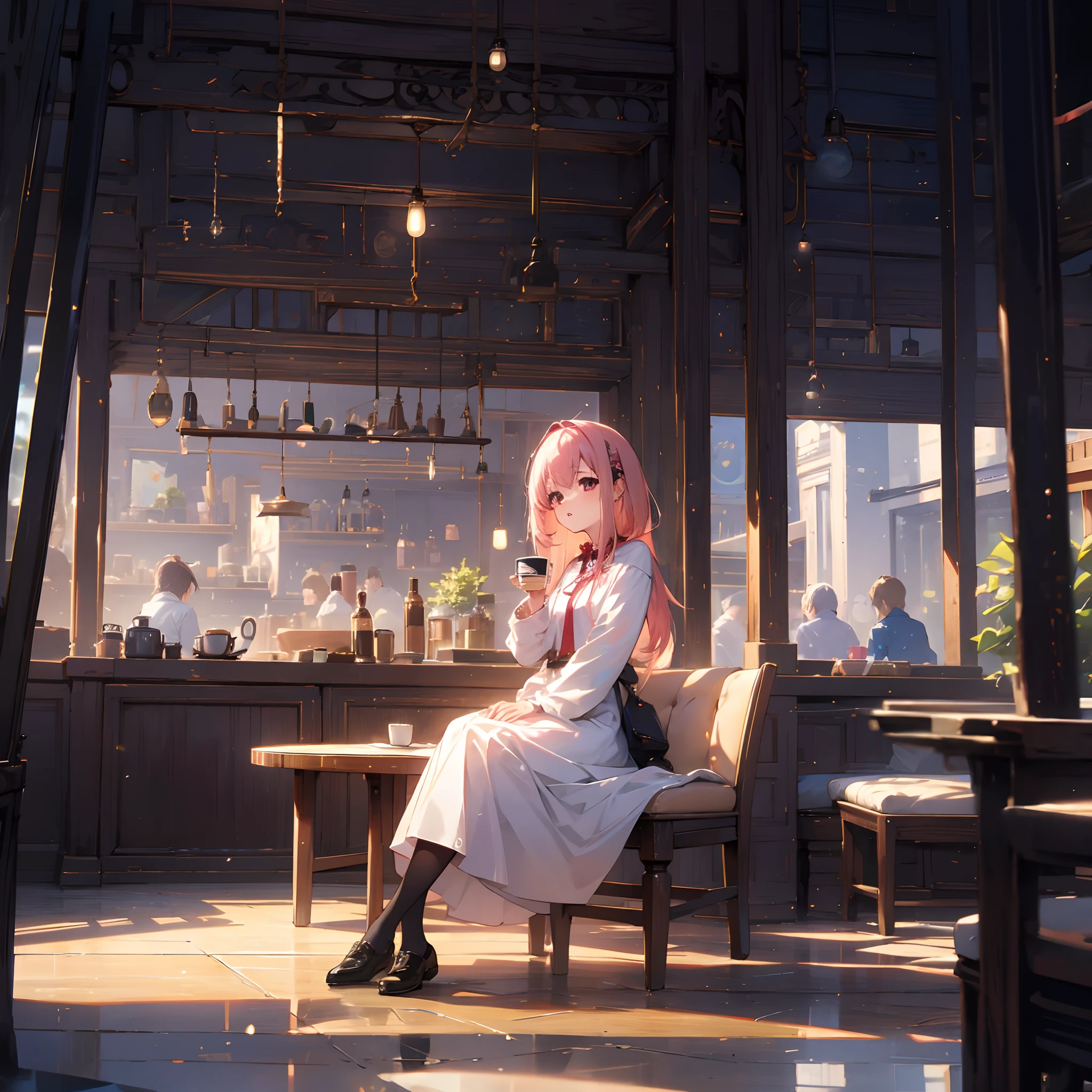 there is a woman sitting at a table in a restaurant, Chisato Nishikigi, lycoris recoil, mysterious coffee shop girl, in a coffee shop,, sitting alone in a cafe, coffee shop, enjoying coffee at a coffee shop, with a black Cat, pleasant cozy atmosphere, mid shot portrait, small hipster coffee shop, on wooden table, looking at the viewer.