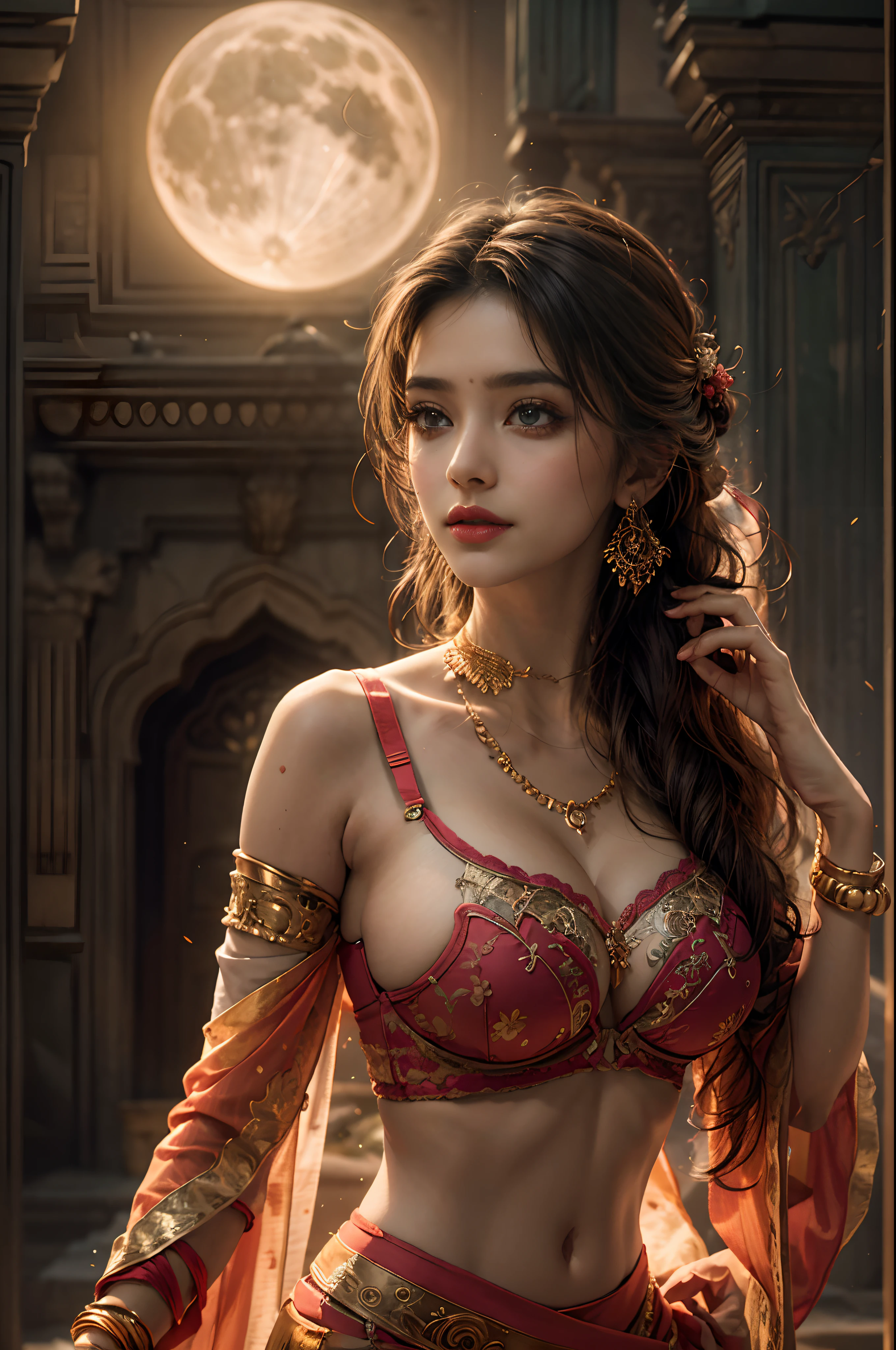 Walk in the moonlit courtyard, Exotic girl, Indian, looking at viewert, shiny skins, Perfect lighting, Elegance and elegance embodied, (Sarees and bras), (Big tits:1.5), cleavage, clear curvy details, Beautiful curves, Detailed eyes, detailedpupils, voluminetric lighting, Ultra detailed, Unity 8k wallpaper, Ultra detailed, Aesthetic, Masterpiece, Best quality, Photorealistic