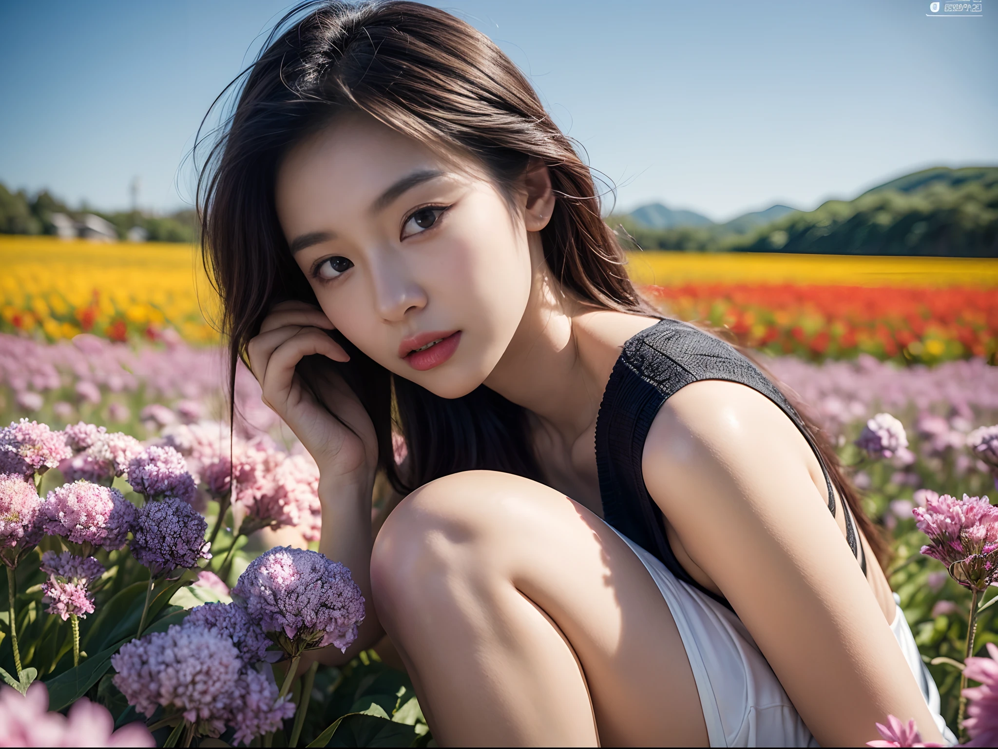 Beautiful girl sitting in a flower field, Infrared photography, Graphic design, poster for, fine art, vivd colour, 1.4x realism，UHD，textured skin，(anatomy correct，Accurate and perfect Korean female face，Golden ratio)