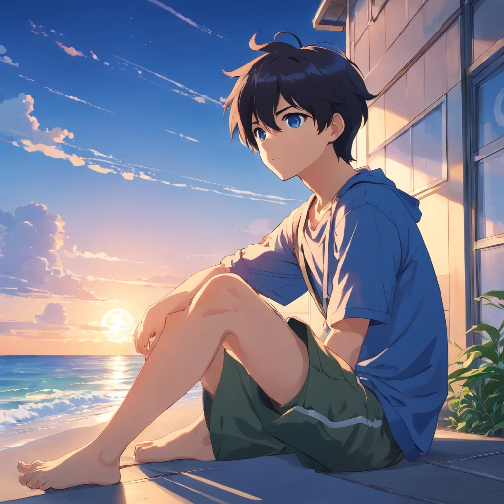 Anime boy sitting with black hair and blue eyes, anime moe art style, Anime boys, 2 d anime style, young anime man, Blackn clothes，anime-style character, style of anime, stylized anime, flat anime style shading, Male anime style, anime-style portrait, tall anime face with blue eyes, flat anime style, style of anime, High quality anime art, Look up at the sky on the coast