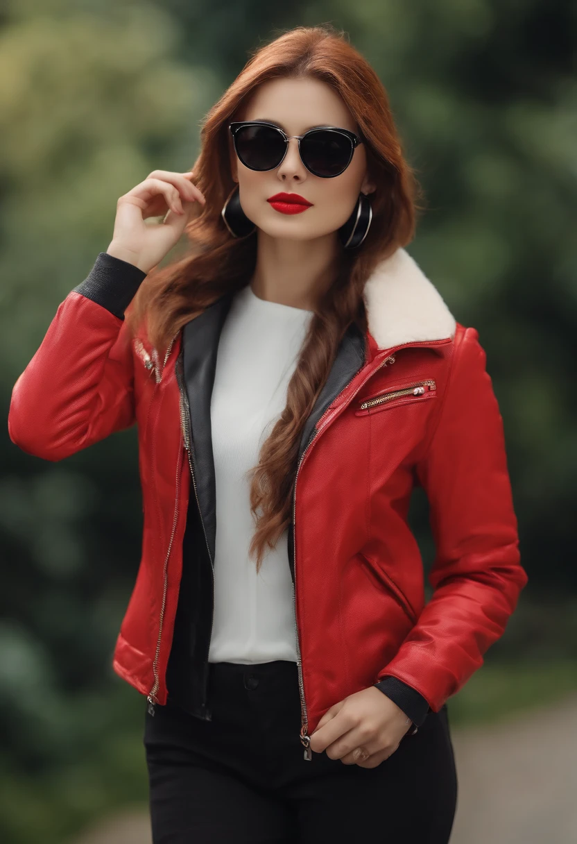 Perfect centering, a cute little cat, Wear a jacket, Wearing sunglasses, Wearing headphones, cheerfulness, Standing position, Abstract beauty, Centered, Looking at the camera, Facing the camera, Approaching perfection, Dynamic, Highly detailed, Smooth, Sharp Focus, 8K、Sunglasses with red lenses and black ???????、Calm、