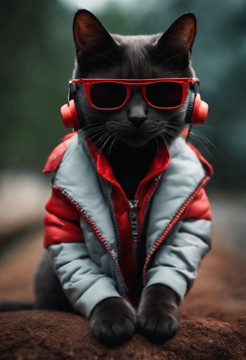 Perfect centering, a cute little cat, Wear a jacket, Wearing sunglasses, Wearing headphones, cheerfulness, Standing position, Abstract beauty, Centered, Looking at the camera, Facing the camera, Approaching perfection, Dynamic, Highly detailed, Smooth, Sharp Focus, 8K、Sunglasses with red lenses and black rimming、Calm、