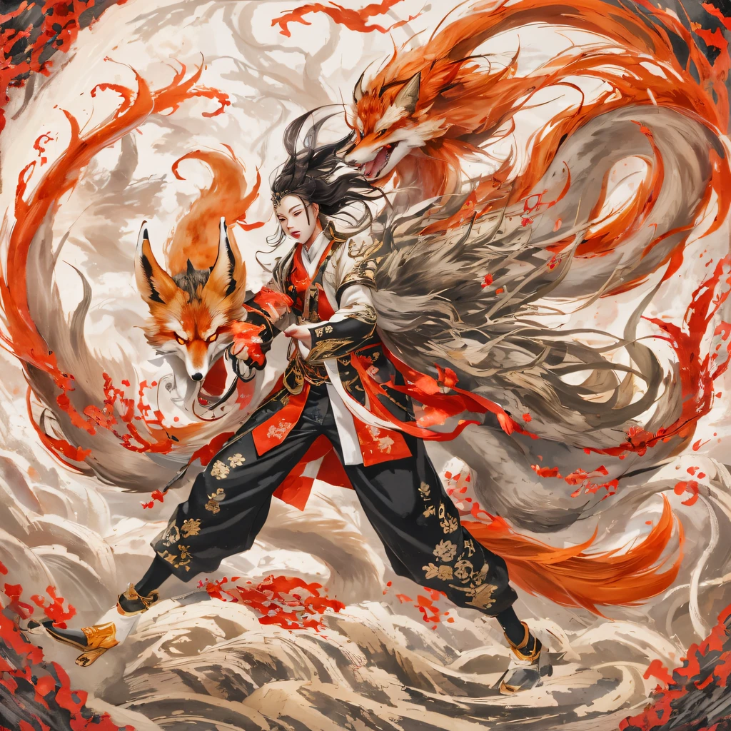 Nine-tailed fox 32K，Red and White Immortal Demon Realm, Chance encounter with Liu Hanshu, He saw in him his former self, It was decided to take him as an apprentice, Teach him how to protect himself, But because of the Tibetan star map, Phoenix and the Liu family、The Jade Sword Sect establishes relationships, It opens with the death of Liu Hanshu, Qin Yu embarked on the road of confrontation with a strong enemy, Working hard, Make yourself stronger, Stick to your own core path of justice, （nine tail fox）eyes filled with angry，The red and white nine-tailed fox clenched its fists，Rush up，Deliver a fatal blow to your opponent，full bodyesbian，Full body nine-tailed fox male mage 32K（Masterpiece Canyon Ultra HD）fenghuang（canyons）Climb the streets， The scene of the explosion（nine tail fox）， （Dragons）， The nine-tailed fox's angry fighting stance， looking at the ground， Batik linen bandana， Chinese red and white pattern long-sleeved garment， Canyon red and white nine-tailed fox（Abstract propylene splash：1.2）Red White（realisticlying：1.4），Black color hair，Flour fluttering，rainbow background， A high resolution， the detail， RAW photogr， Sharp Re， Nikon D850 Film Stock Photo by Jefferies Lee 4 Kodak Portra 400 Camera F1.6 shots, Rich colors, ultra-realistic vivid textures, Dramatic lighting, Unreal Engine Art Station Trend, cinestir 800，Red and white fluttering mist,（（（Jungle Canyon）））The wounded lined up in the streets（vale）Climb the streets，Movie master real-time image quality（tmasterpiece，k hd，hyper HD，32K） （Linen batik scarf）， Combat posture， looking at the ground， Linen bandana， Chinese nine-tailed fox pattern long-sleeved garment， Morning nine-tailed fox（Abstract gouache splash：1.2）， Dark clouds lightning background，sprinkling