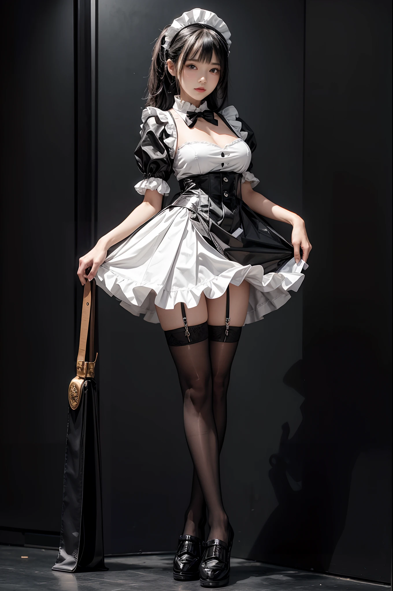 A maid in a black and white maid outfit,standing full-body,Standing posture,black lence stockings,Black maid leather shoes,maidennurse,Bigchest,Sweet pose,simplistic details,Perfect structure,Normal structure