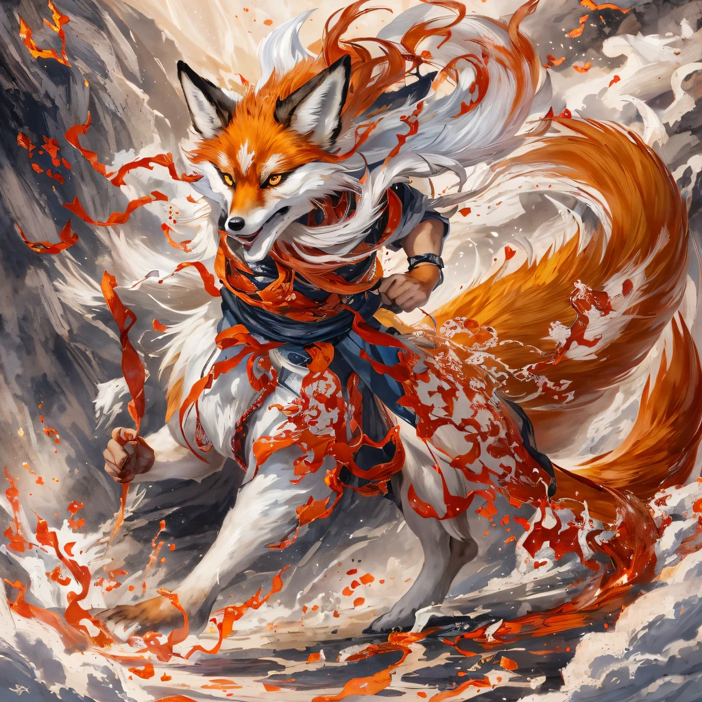 Nine-tailed fox 32K,Red and White Immortal Demon Realm, Chance encounter with Liu Hanshu, He saw in him his former self, It was decided to take him as an apprentice, Teach him how to protect himself, But because of the Tibetan star map, Phoenix and the Liu family、The Jade Sword Sect establishes relationships, It opens with the death of Liu Hanshu, Qin Yu embarked on the road of confrontation with a strong enemy, Working hard, Make yourself stronger, Stick to your own core path of justice, (nine tail fox)eyes filled with angry,The red and white nine-tailed fox clenched its fists,Rush up,Deliver a fatal blow to your opponent,full bodyesbian,Full body nine-tailed fox male mage 32K(Masterpiece Canyon Ultra HD)fenghuang(canyons)Climb the streets, The scene of the explosion(nine tail fox), (Dragons), The nine-tailed fox's angry fighting stance, looking at the ground, Batik linen bandana, Chinese red and white pattern long-sleeved garment, Canyon red and white nine-tailed fox(Abstract propylene splash:1.2)Red White(realisticlying:1.4),Black color hair,Flour fluttering,rainbow background, A high resolution, the detail, RAW photogr, Sharp Re, Nikon D850 Film Stock Photo by Jefferies Lee 4 Kodak Portra 400 Camera F1.6 shots, Rich colors, ultra-realistic vivid textures, Dramatic lighting, Unreal Engine Art Station Trend, cinestir 800,Red and white fluttering mist,(((Jungle Canyon)))The wounded lined up in the streets(vale)Climb the streets,Movie master real-time image quality(tmasterpiece,k hd,hyper HD,32K) (Linen batik scarf), Combat posture, looking at the ground, Linen bandana, Chinese nine-tailed fox pattern long-sleeved garment, Morning nine-tailed fox(Abstract gouache splash:1.2), Dark clouds lightning background,sprinkling