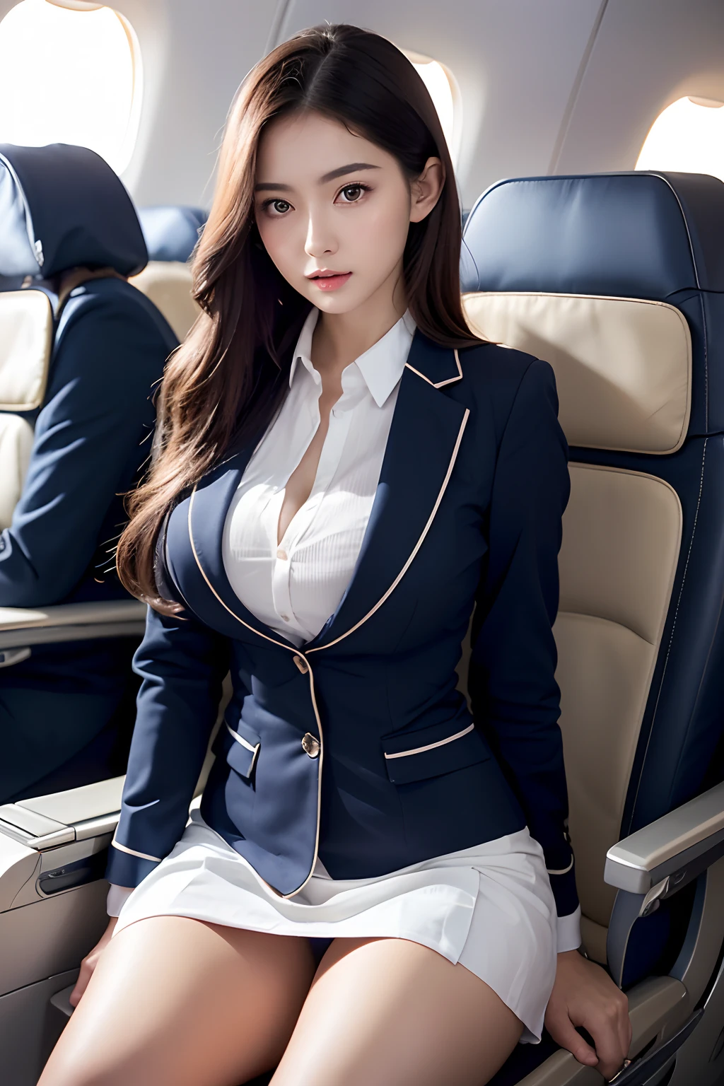 top-quality, ​masterpiece, 8K, 超A high resolution, (Photorealsitic:1.4), 1girl in、Beautiful expression、symmetrical eye、Colossal tits、Perfect body proportion、Stewardess uniform、Unbutton the chest、Look at viewers、(Inside the plane:1.2)、long legged(1.3)、