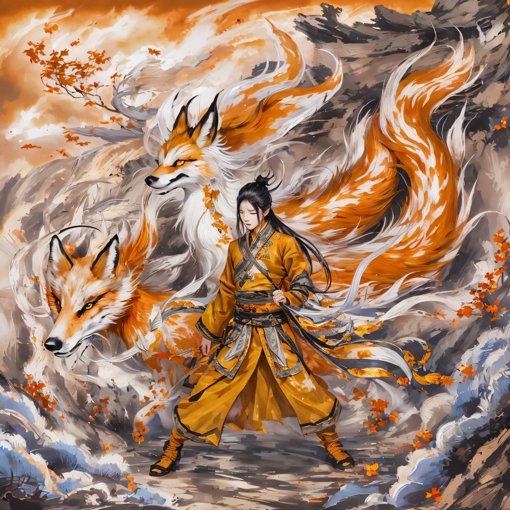 Nine-tailed fox 32K，Red and White Immortal Demon Realm, Chance encounter with Liu Hanshu, He saw in him his former self, It was decided to take him as an apprentice, Teach him how to protect himself, But because of the Tibetan star map, Phoenix and the Liu family、The Jade Sword Sect establishes relationships, It opens with the death of Liu Hanshu, Qin Yu embarked on the road of confrontation with a strong enemy, Working hard, Make yourself stronger, Stick to your own core path of justice, （nine tail fox）eyes filled with angry，The red and white nine-tailed fox clenched its fists，Rush up，Deliver a fatal blow to your opponent，full bodyesbian，Full body nine-tailed fox male mage 32K（Masterpiece Canyon Ultra HD）fenghuang（canyons）Climb the streets， The scene of the explosion（nine tail fox）， （Dragons）， The nine-tailed fox's angry fighting stance， looking at the ground， Batik linen bandana， Chinese red and white pattern long-sleeved garment， Canyon red and white nine-tailed fox（Abstract propylene splash：1.2）Red White（realisticlying：1.4），Black color hair，Flour fluttering，rainbow background， A high resolution， the detail， RAW photogr， Sharp Re， Nikon D850 Film Stock Photo by Jefferies Lee 4 Kodak Portra 400 Camera F1.6 shots, Rich colors, ultra-realistic vivid textures, Dramatic lighting, Unreal Engine Art Station Trend, cinestir 800，Red and white fluttering mist,（（（Jungle Canyon）））The wounded lined up in the streets（vale）Climb the streets，Movie master real-time image quality（tmasterpiece，k hd，hyper HD，32K） （Linen batik scarf）， Combat posture， looking at the ground， Linen bandana， Chinese nine-tailed fox pattern long-sleeved garment， Morning nine-tailed fox（Abstract gouache splash：1.2）， Dark clouds lightning background，sprinkling