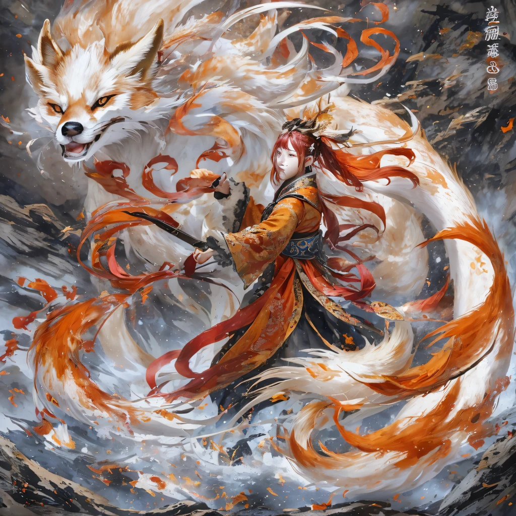 Nine-tailed fox 32K，Red and White Immortal Demon Realm, Chance encounter with Liu Hanshu, He saw in him his former self, It was decided to take him as an apprentice, Teach him how to protect himself, But because of the Tibetan star map, Phoenix and the Liu family、The Jade Sword Sect establishes relationships, It opens with the death of Liu Hanshu, Qin Yu embarked on the road of confrontation with a strong enemy, Working hard, Make yourself stronger, Stick to your own core path of justice, （nine tail fox）eyes filled with angry，The red and white nine-tailed fox clenched its fists，Rush up，Deliver a fatal blow to your opponent，full bodyesbian，Full body nine-tailed fox male mage 32K（Masterpiece Canyon Ultra HD）fenghuang（canyons）Climb the streets， The scene of the explosion（nine tail fox）， （Dragons）， The nine-tailed fox's angry fighting stance， looking at the ground， Batik linen bandana， Chinese red and white pattern long-sleeved garment， Canyon red and white nine-tailed fox（Abstract propylene splash：1.2）Red White（realisticlying：1.4），Black color hair，Flour fluttering，rainbow background， A high resolution， the detail， RAW photogr， Sharp Re， Nikon D850 Film Stock Photo by Jefferies Lee 4 Kodak Portra 400 Camera F1.6 shots, Rich colors, ultra-realistic vivid textures, Dramatic lighting, Unreal Engine Art Station Trend, cinestir 800，Red and white fluttering mist,（（（Jungle Canyon）））The wounded lined up in the streets（vale）Climb the streets，Movie master real-time image quality（tmasterpiece，k hd，hyper HD，32K） （Linen batik scarf）， Combat posture， looking at the ground， Linen bandana， Chinese nine-tailed fox pattern long-sleeved garment， Morning nine-tailed fox（Abstract gouache splash：1.2）， Dark clouds lightning background，sprinkling