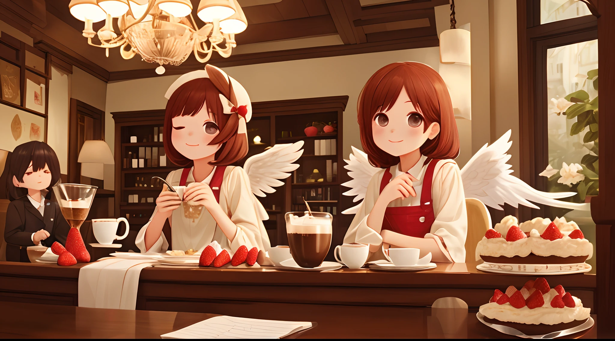 photoRealstic、Drawing of a girl with angel wings、Beautiful Angel Girl、Close one eye、Luxurious rooms in the coffee shop、Strawberry Shortcake and Coffee Set