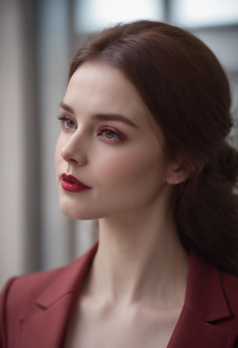 (((a deep reddish wound crosses her left cheek))) fair complexion, woman around 19 years old, natural brown hair, distinctive brown piercing eyes, wearing red spy suit, slender and graceful, beautiful, in a futuristic hallway setting, ultra sharp focus, realistic shot, spy female clothes, (scar:1.4)
