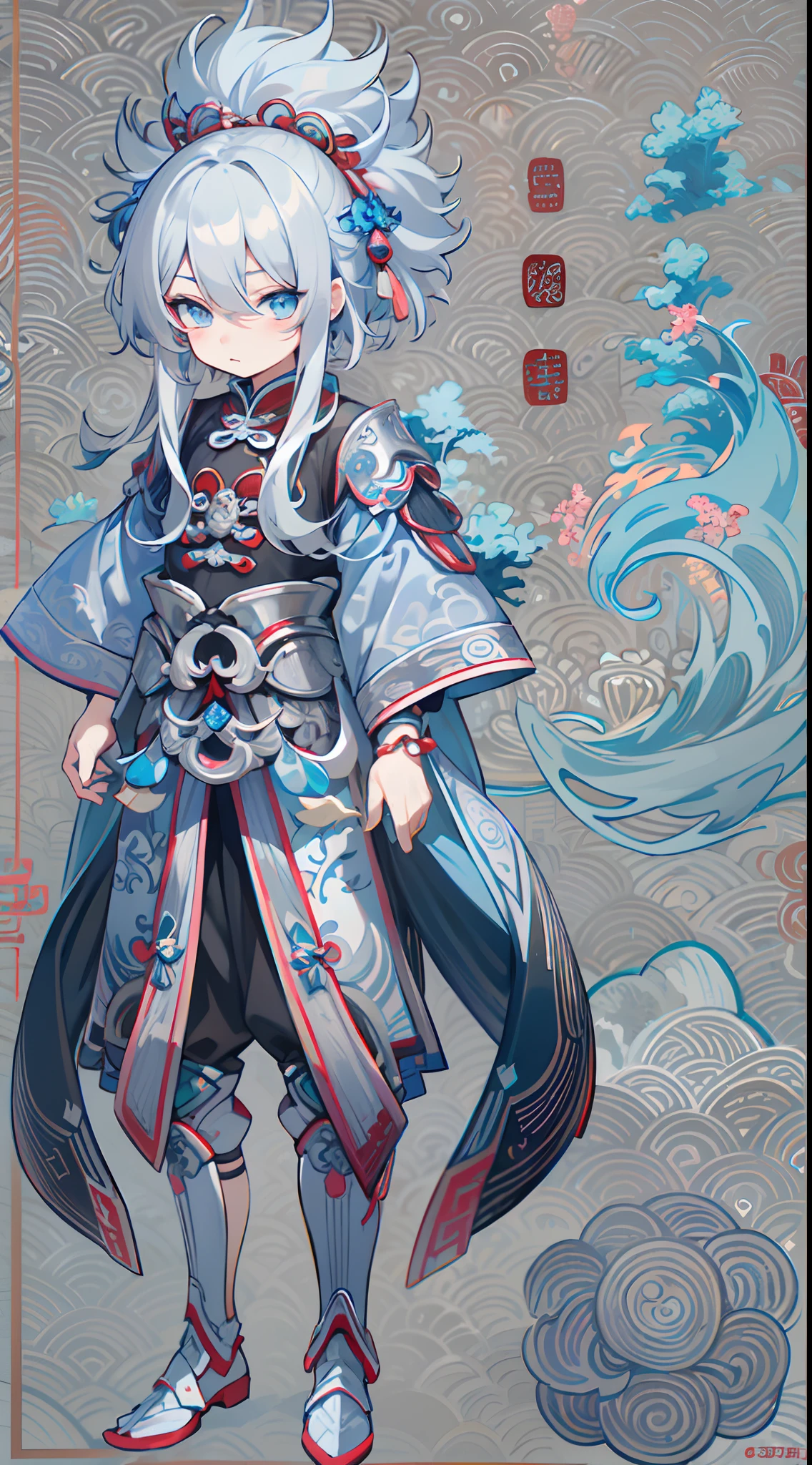 tmasterpiece，Need，超高分辨率，shoun，Chinese ancient style，(Short silver-gray hair)，blue color eyes，Libido boy,adolable，Water god，The corals，Clouds，wave，Kamimei，armour